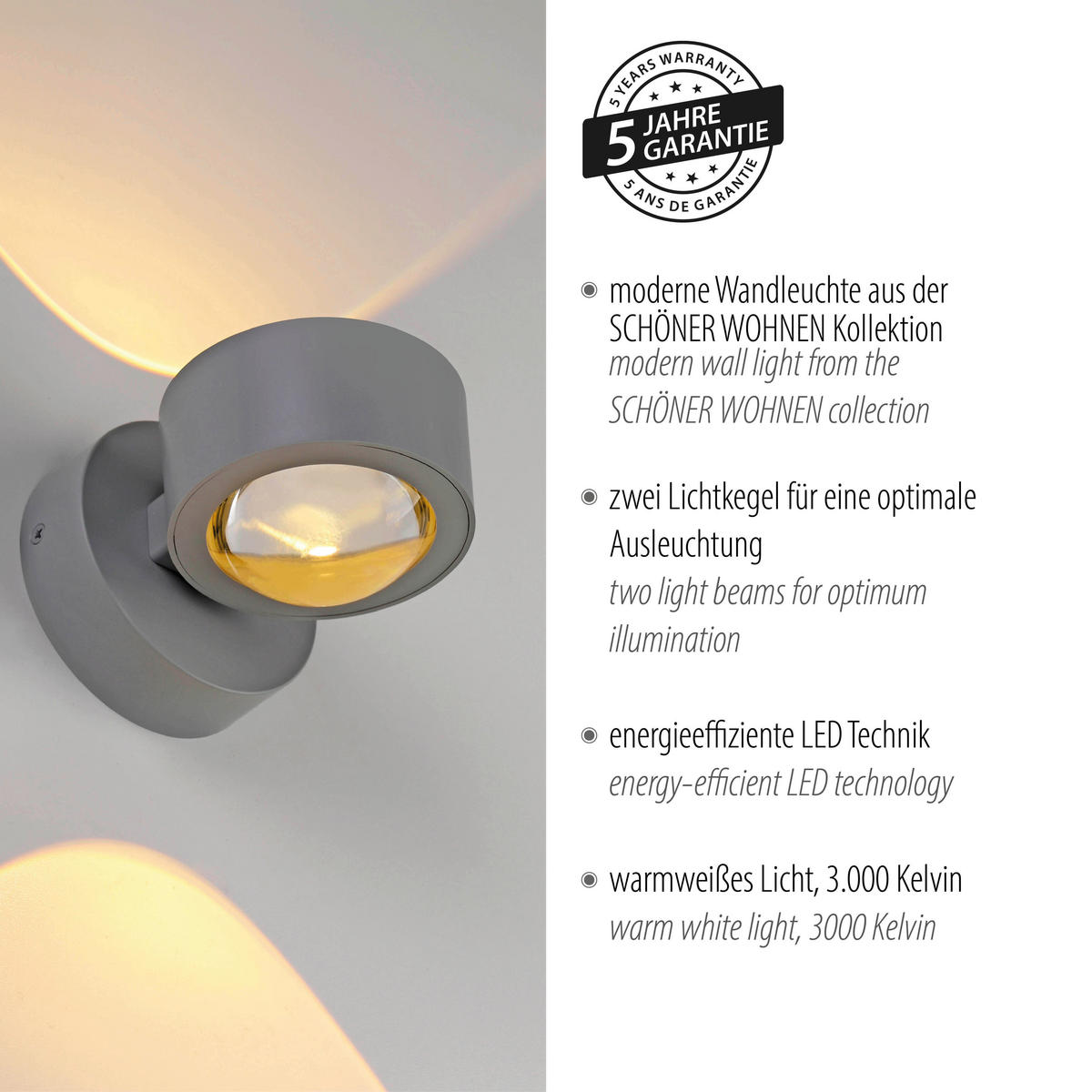 LED-WANDLEUCHTE 12,4/9/9 cm   - Silberfarben, Design, Kunststoff/Metall (12,4/9/9cm) - Schöner Wohnen