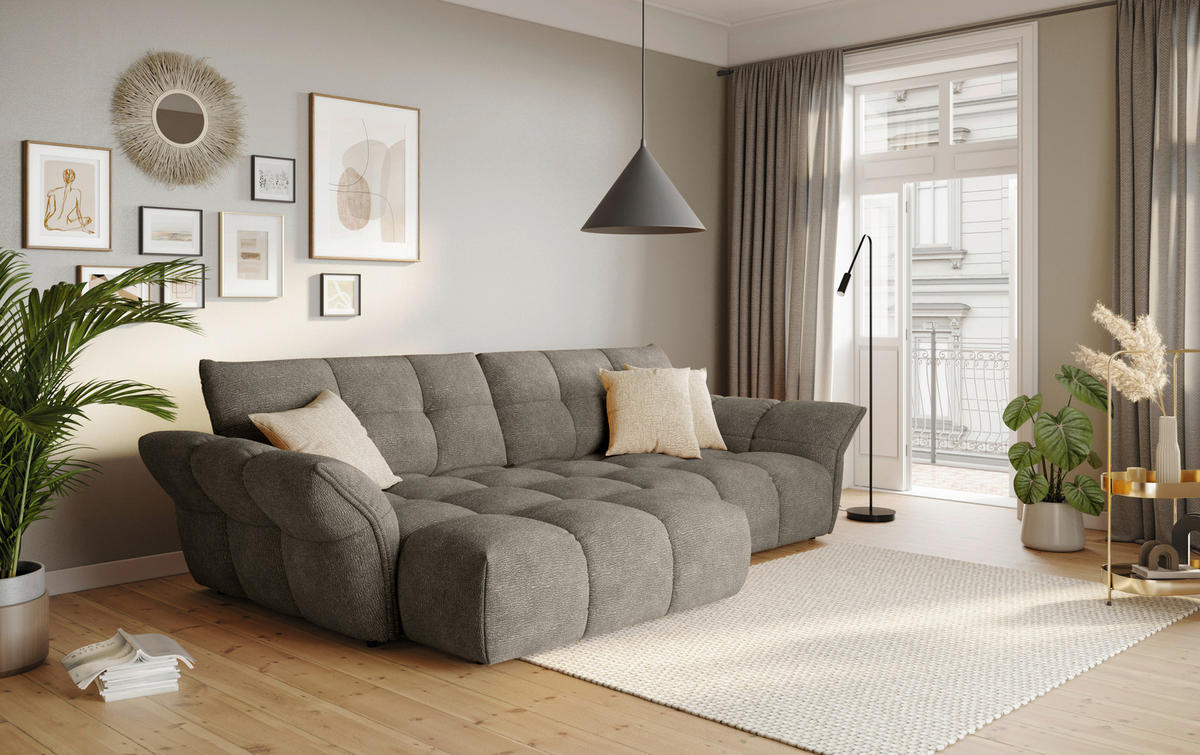 ECKSOFA Graubraun Chenille Rücken echt  - Graubraun/Schwarz, Design, Kunststoff/Textil (177/312cm) - Welnova