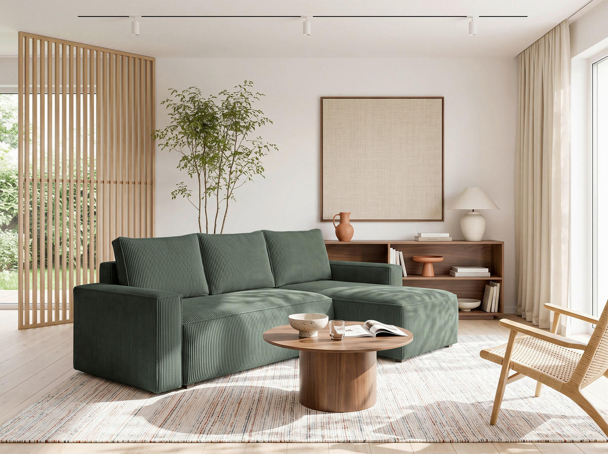ECKSOFA Dunkelgrün Cord Rückenkissen, Bettkasten, Schlaffunktion, Rücken echt, Liegefläche im Originalstoff  - Dunkelgrün/Schwarz, MODERN, Kunststoff/Textil (232/140cm) - Xora