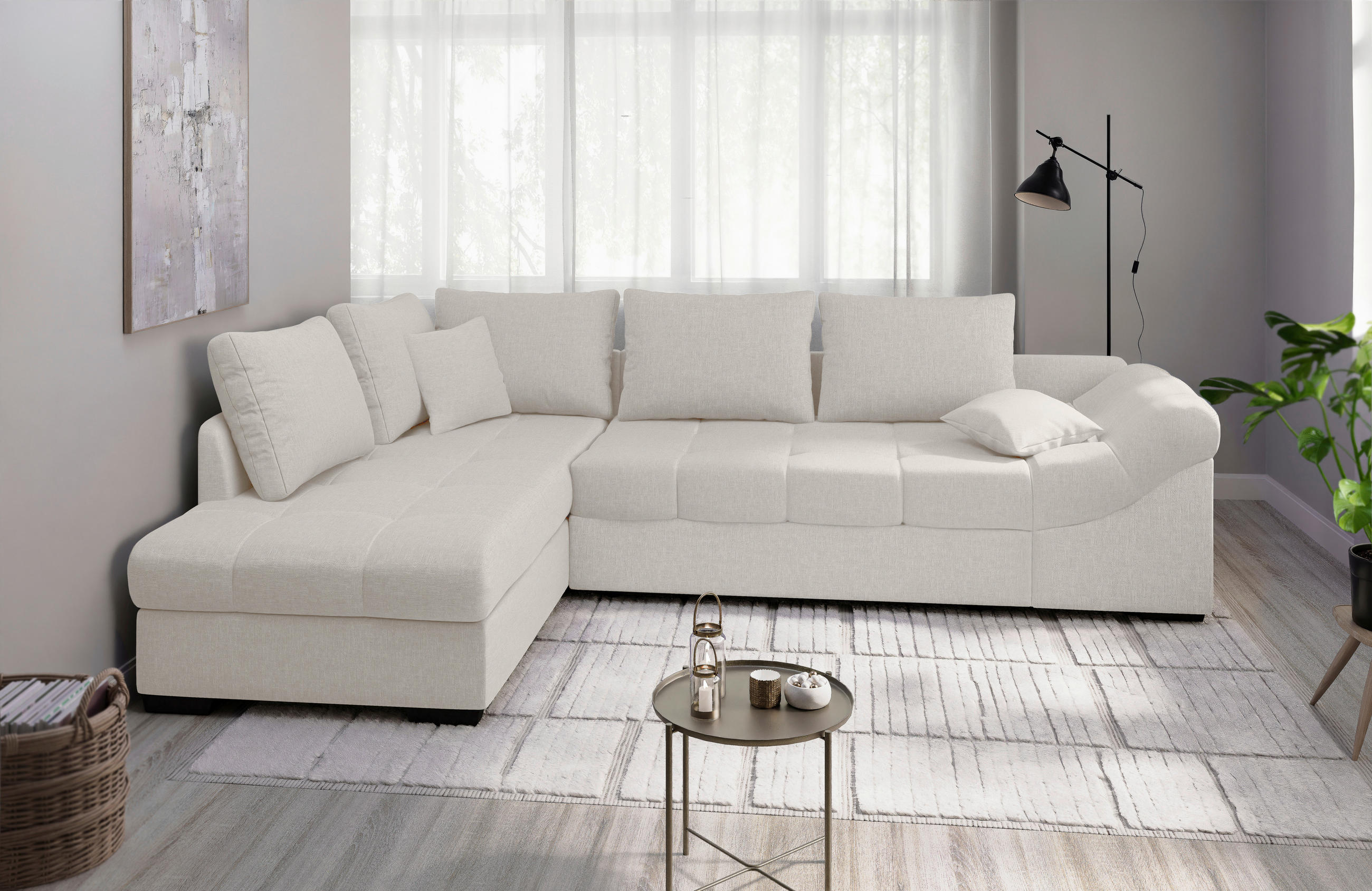 ECKSCHLAFSOFA in Weiss Textil   - Weiss/Schwarz, Modern, Holz/Textil (202/298cm) - MID.YOU