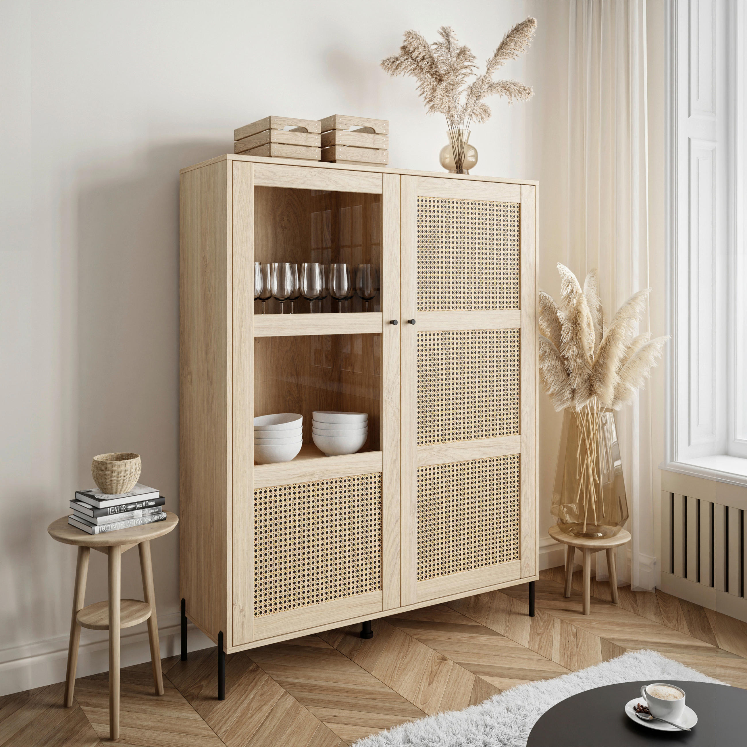 HIGHBOARD  in 120/162/40 cm  - Eichefarben/Schwarz, Design, Glas/Holzwerkstoff (120/162/40cm) - MID.YOU
