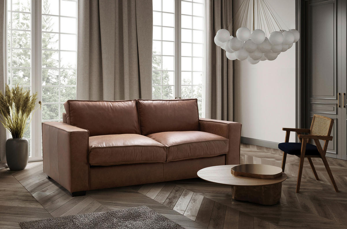 SCHLAFSOFA in Echtleder Cognac  - Cognac/Dunkelbraun, Design, Leder/Holz (203/85/99cm) - MID.YOU