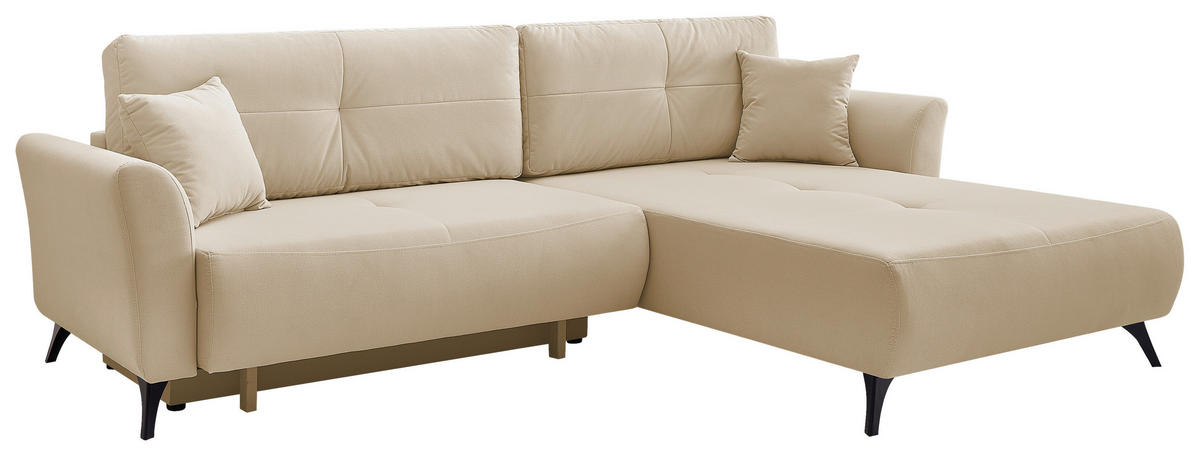 ECKSOFA GEMMA Beige Flachgewebe Zierkissen, Rückenkissen, Bettkasten, Schlaffunktion, Rücken echt, Stauraum  - Beige/Schwarz, Design, Textil/Metall (270/183cm) - P & B