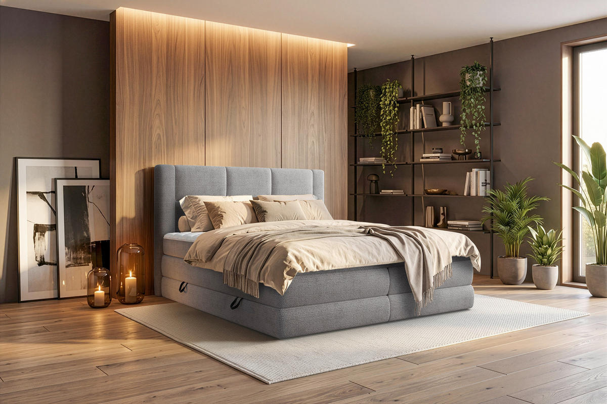 BOXSPRINGBETT 180/200 cm,  in Taupe, gepolstertes Kopfteil, Bettkasten, Topper, Wendematratze mit unterschiedlichen Härtegraden, H2 + H3 = mittel + fest  - Taupe/Schwarz, Design, Kunststoff/Textil (180/200cm) - Esposa