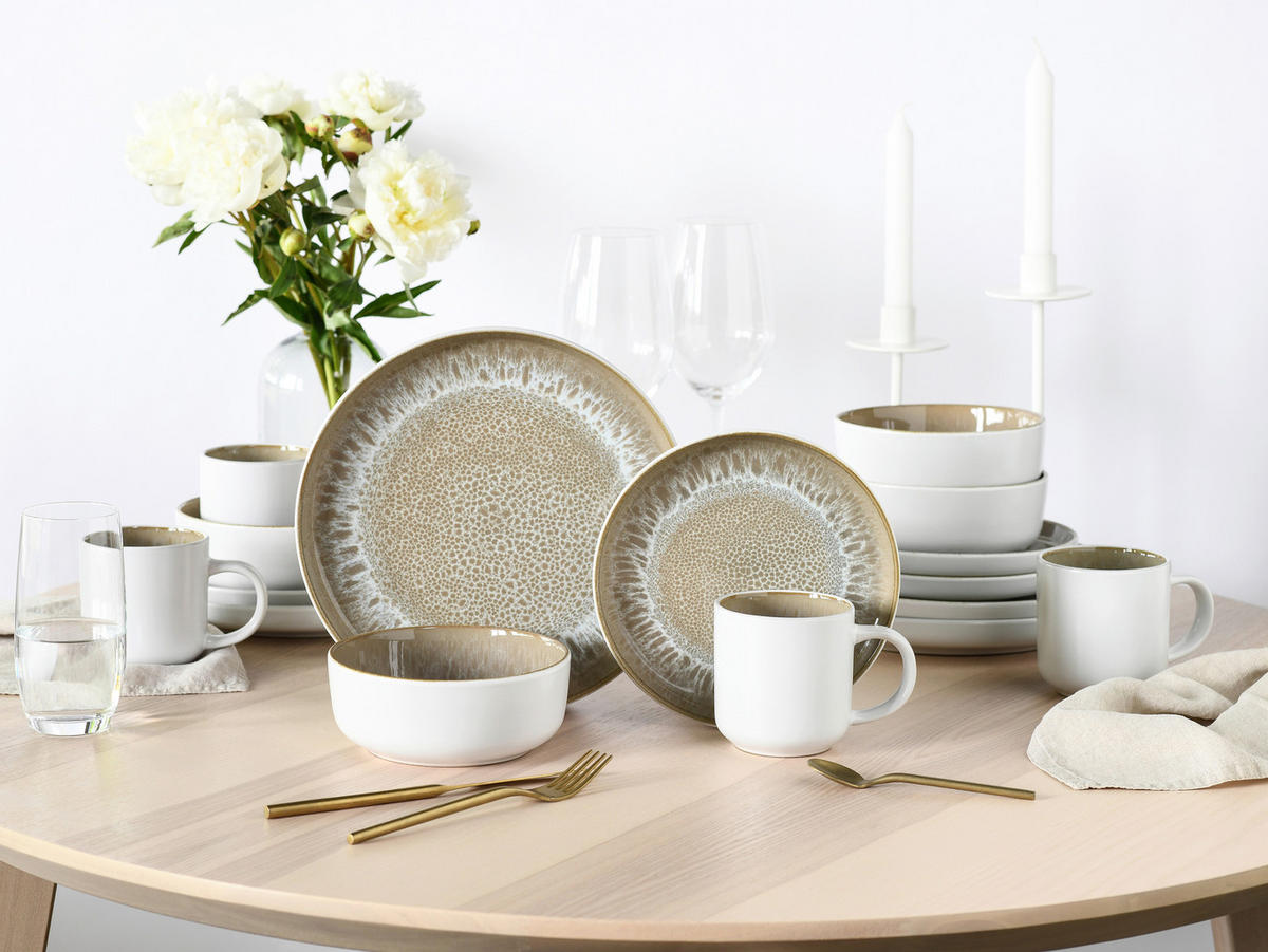 KOMBISERVICE Weiß, Beige Nordic Fjord Sand 16-teilig 4 Personen  - Beige/Weiß, Basics, Keramik - Creatable