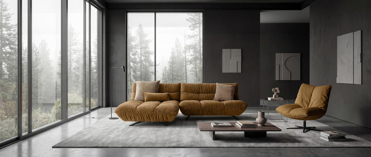 ECKSOFA Beigebraun Chenille Rücken echt, Sitztiefenverstellung  - Beigebraun/Schwarz, Design, Textil/Metall (178/295cm) - Belluti