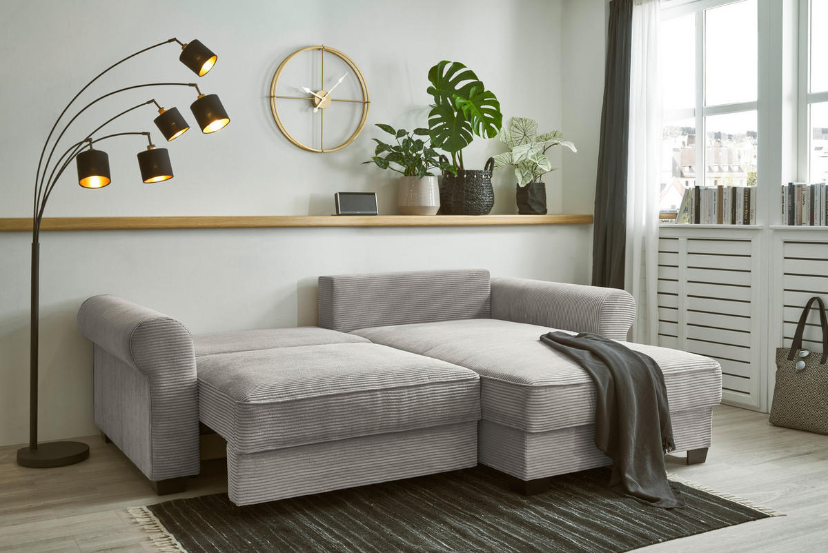 ECKSOFA in Cord Grau  - Schwarz/Grau, Basics, Kunststoff/Textil (255/92/185cm) - MID.YOU