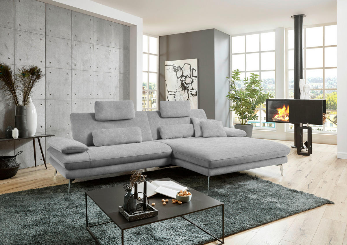 ECKSOFA in Velours Hellgrau  284/184 cm  - Hellgrau/Schwarz, Design, Textil/Metall (284/184cm) - Dieter Knoll