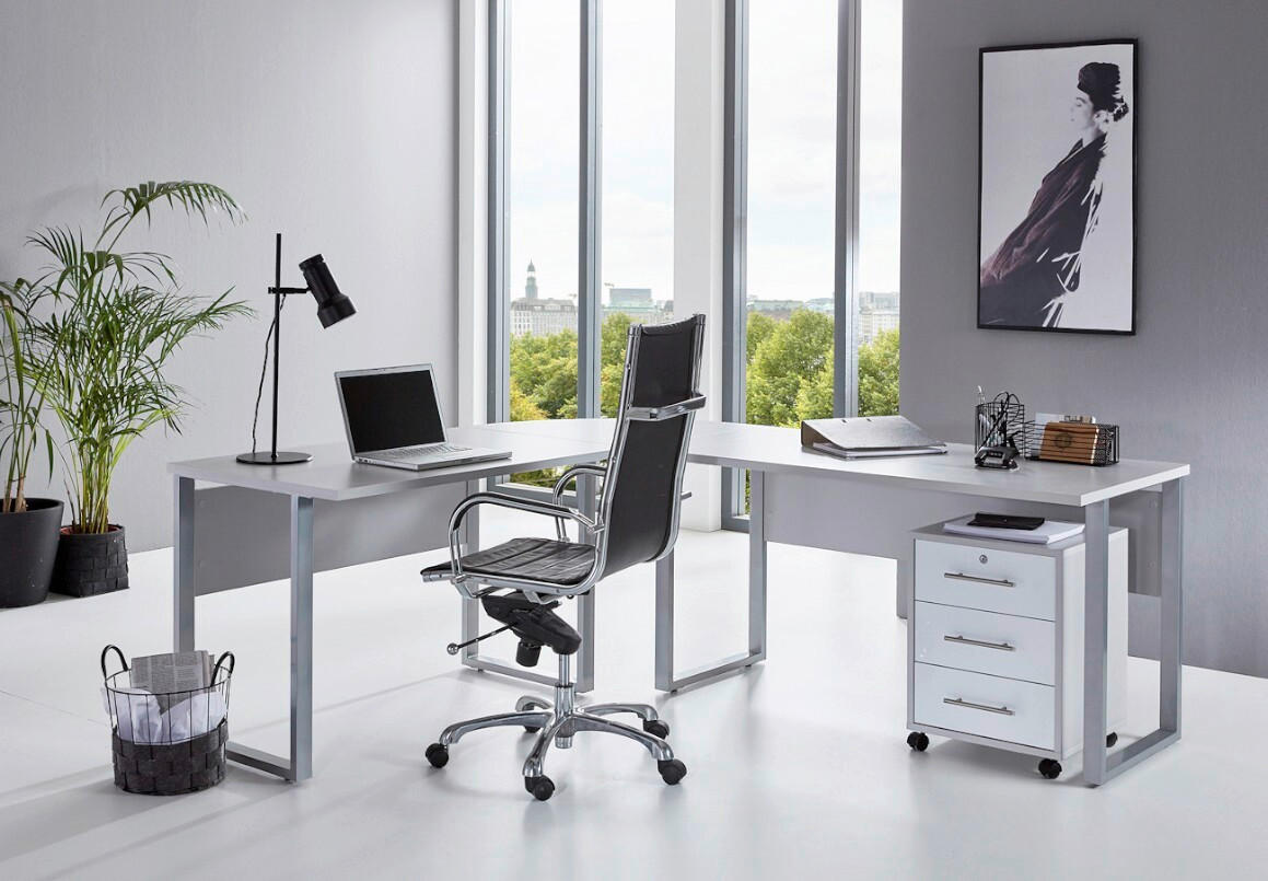 BÜRO erweiterbar, in verschiedenen Holz-Dekoren erhältlich, Schreibtisch seitenverkehrt montierbar, abschließbar Grau, Weiß Hochglanz - Weiß Hochglanz/Grau, MODERN, Holzwerkstoff - MID.YOU