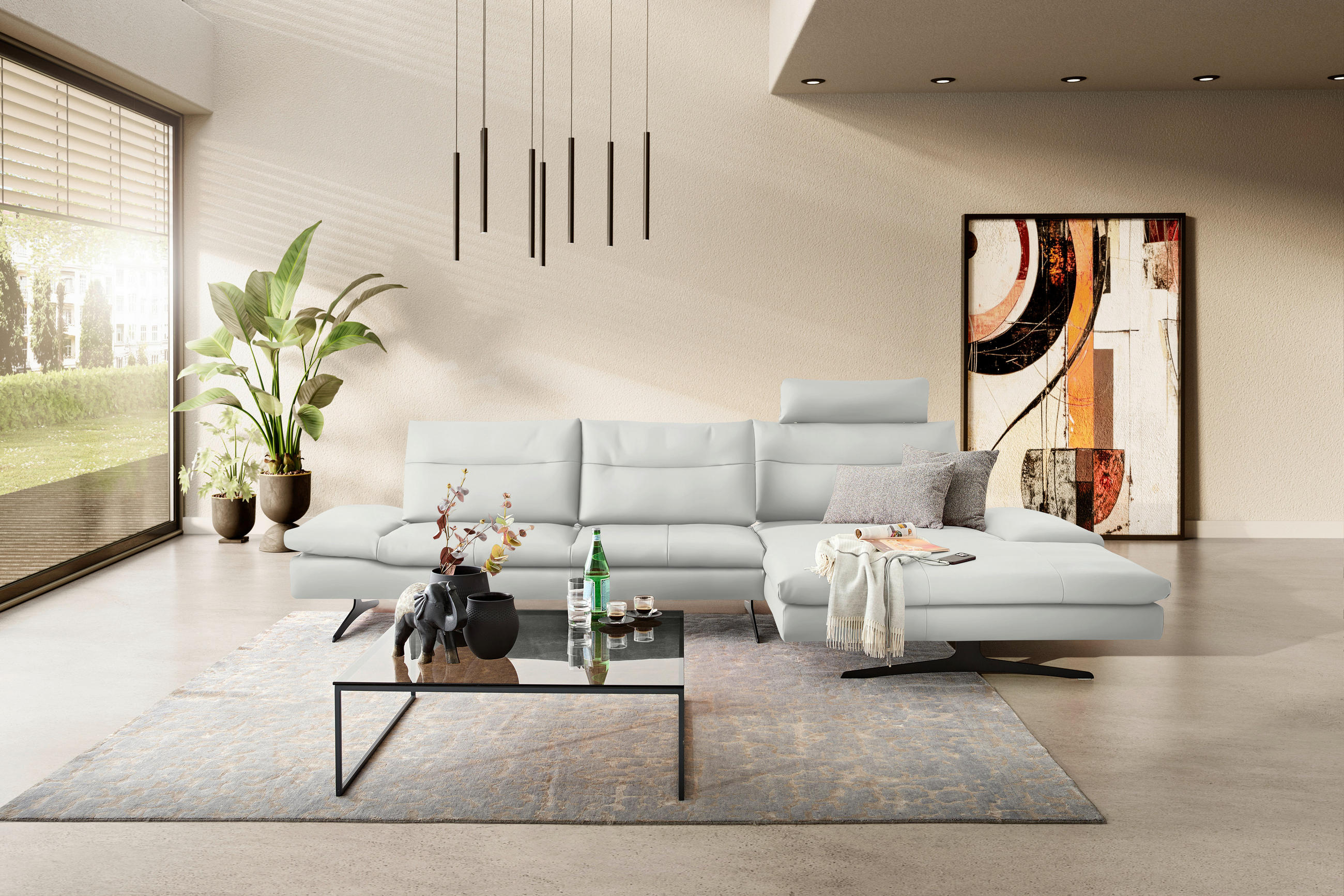 ECKSOFA in Echtleder Creme  - Creme/Schwarz, Modern, Leder/Metall (342/158cm) - Chilliano