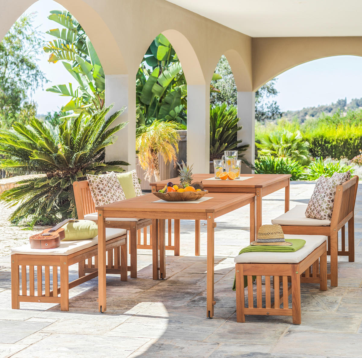 MOBILIER TERASĂ ȘI LOUNGE 10 piese  - alb/culoare natur, Lifestyle, lemn/textil - Ambia Garden