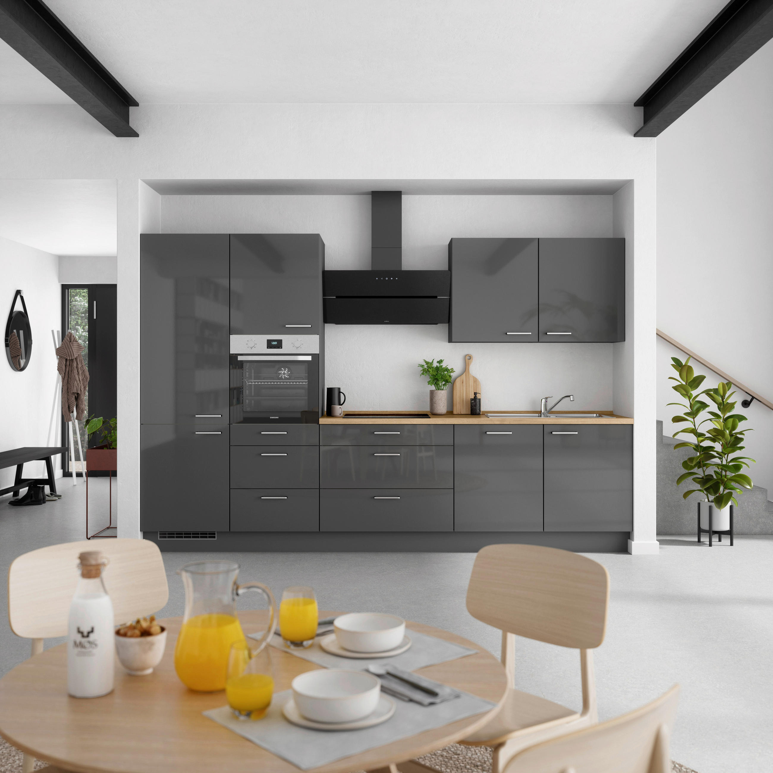 KÜCHENLEERBLOCK 330 cm   in Eichefarben, Schieferfarben  - Schieferfarben/Edelstahlfarben, MODERN, Holzwerkstoff/Metall (330cm) - Nobilia