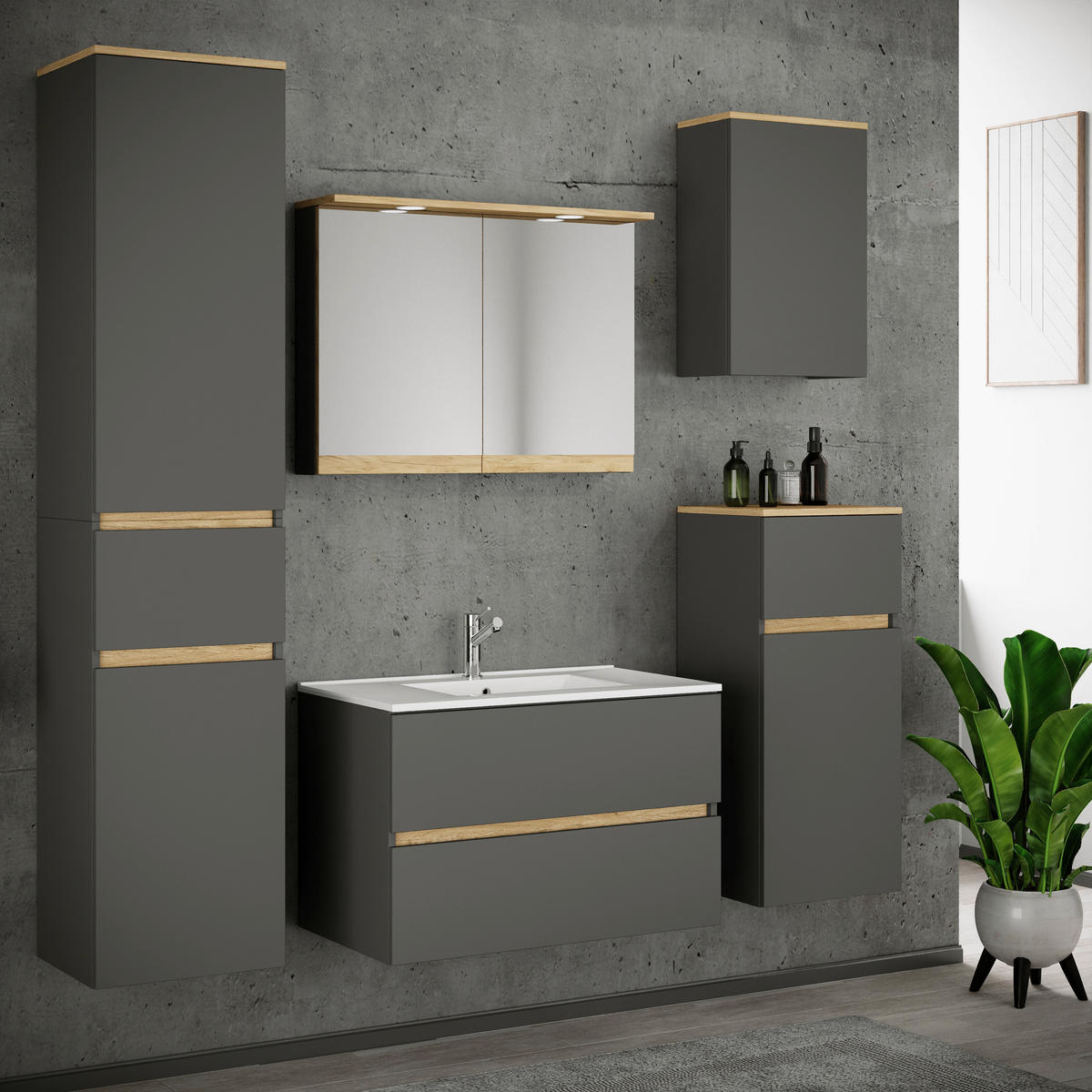 BADEZIMMER 6-teilig  in 161 cm  - Anthrazit/Weiß, Trend, Keramik/Holzwerkstoff (161cm) - MID.YOU