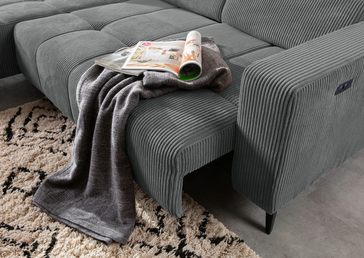 ECKSOFA Dunkelgrau Cord Rücken echt, Kopfteilverstellung, Sitzvorzug  - Dunkelgrau/Schwarz, KONVENTIONELL, Textil/Metall (170/257cm) - Carryhome