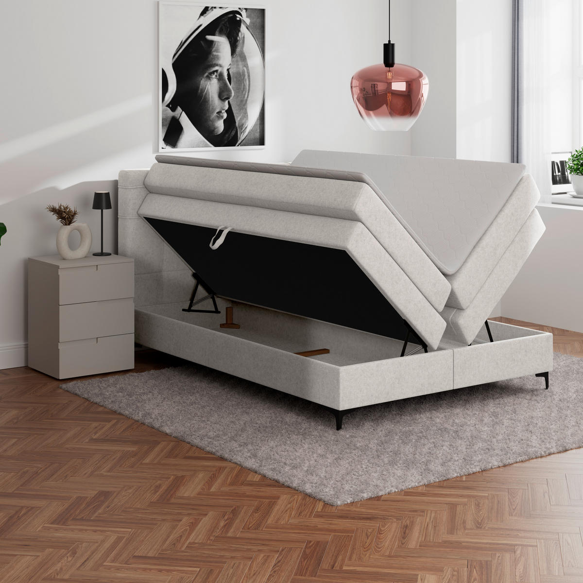 BOXSPRINGBETT 140/200 cm,  in Beige, H3 = fest  - Beige/Schwarz, KONVENTIONELL, Kunststoff/Textil (140/200cm)