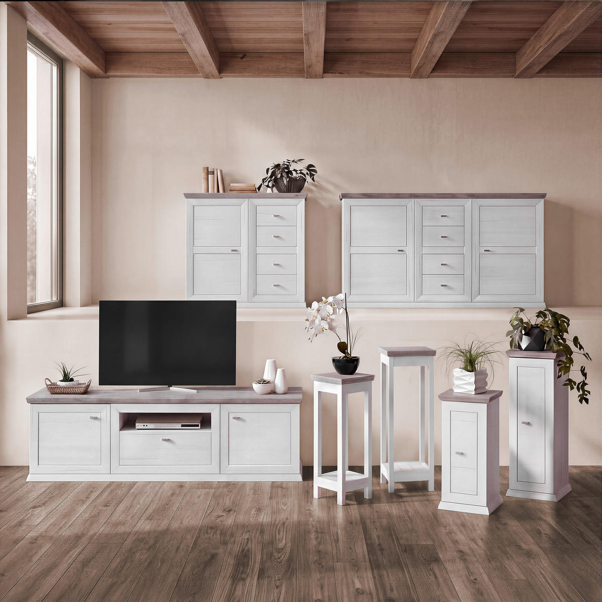 Comodă Joasă 180/56/50 cm  - culoare nichel/alb, Lifestyle, metal/material pe bază de lemn (180/56/50cm) - Hom`in