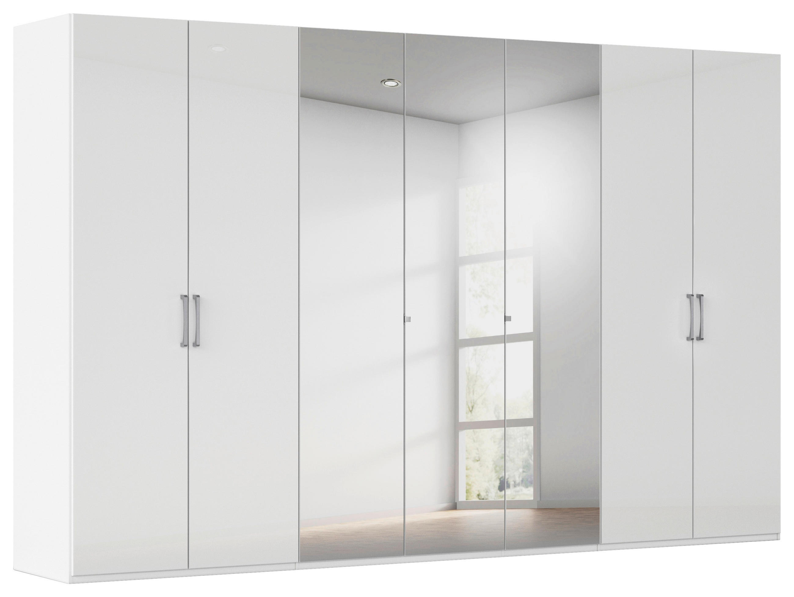 DREHTÜRENSCHRANK 350/235/61 cm,  in Weiß, Weiß Hochglanz, 7-türig  - Chromfarben/Edelstahlfarben, Basics, Glas/Holzwerkstoff (350/235/61cm) - Novel