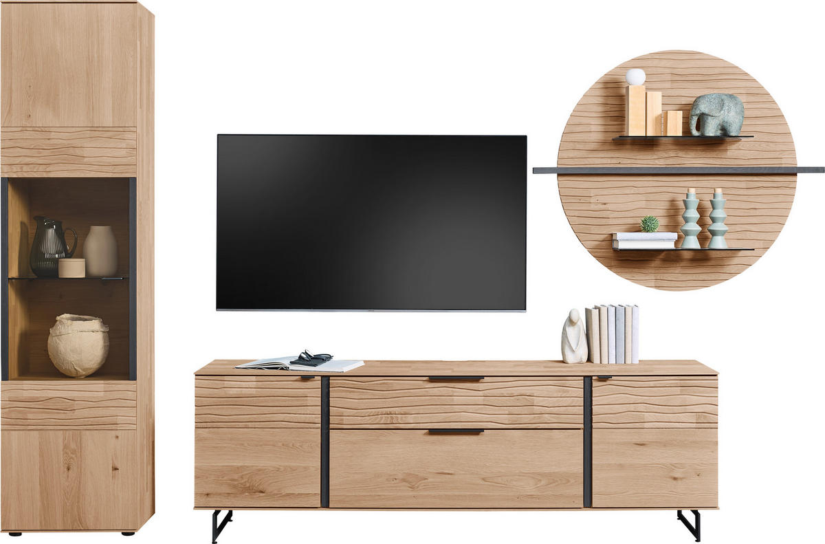 WOHNWAND  in Eichefarben  318/206/44 cm  - Eichefarben/Anthrazit, Natur, Glas/Holz (318/206/44cm) - Valnatura