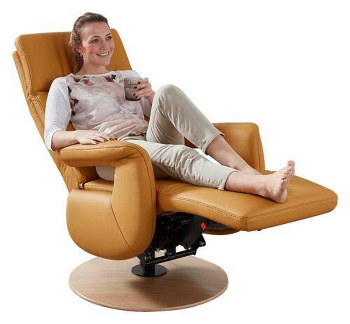 RELAXSESSEL Echtleder Relaxfunktion, Aufstehhilfe, Fußteilverstellung    - Currygelb/Eichefarben, Design, Leder/Holz (70/115/80cm) - Cantus