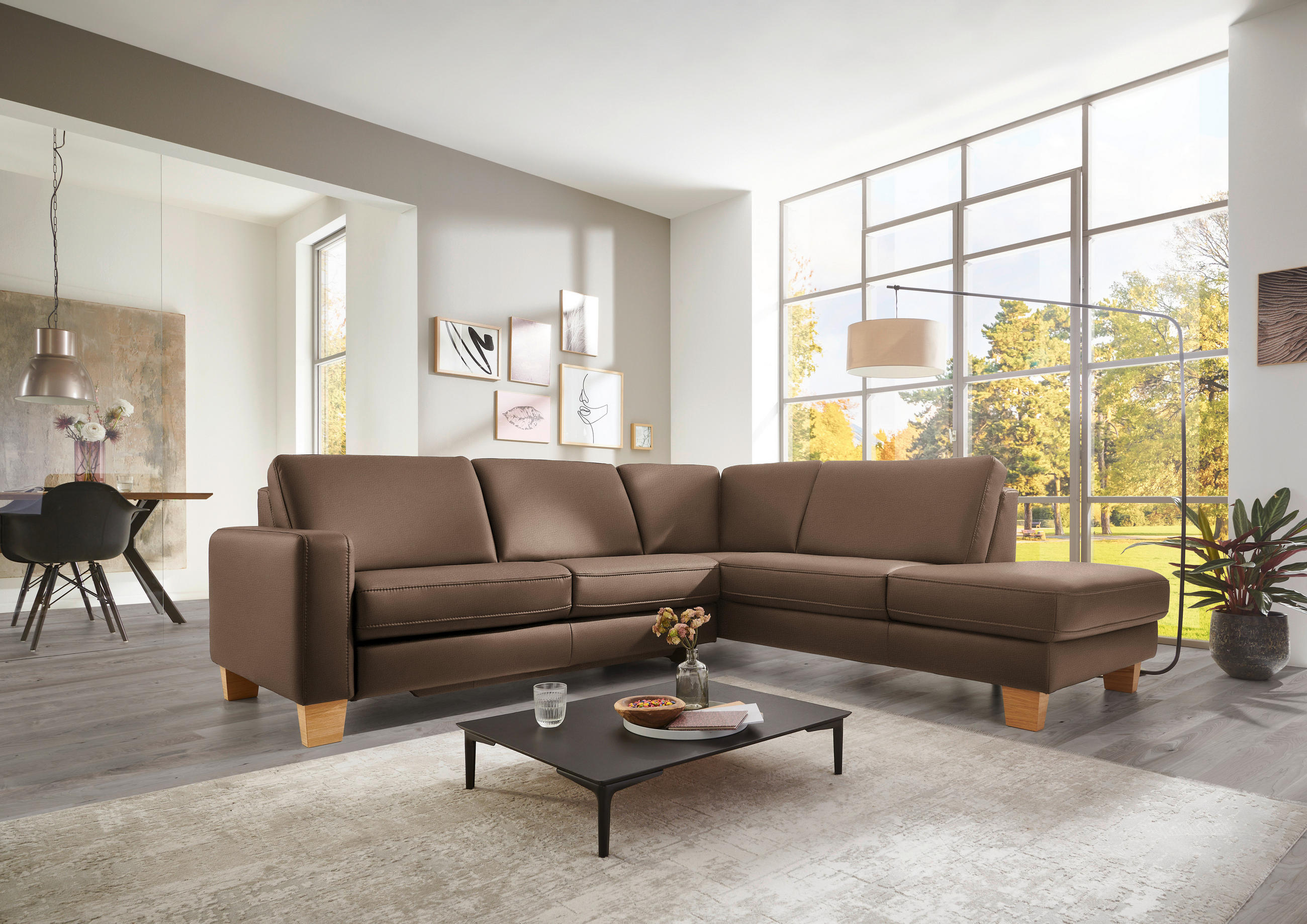 ECKSOFA in Echtleder Graubraun  - Eiche Bianco/Graubraun, Konventionell, Leder/Holz (257/235cm) - Valdera