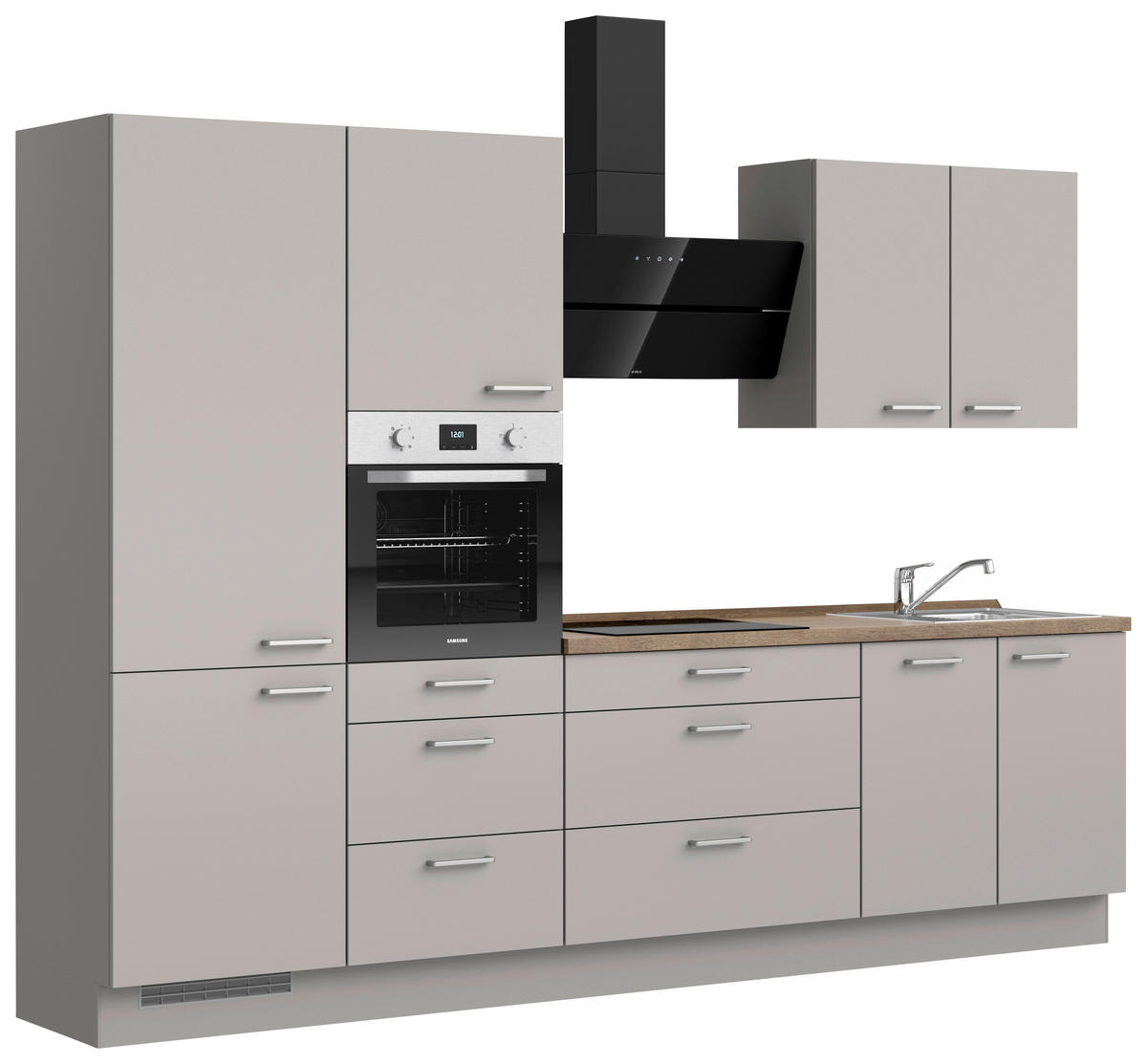 KÜCHENBLOCK 300 cm   in Grau, Eiche dunkel  - Eiche dunkel/Edelstahlfarben, MODERN, Holzwerkstoff/Metall (300cm) - Nobilia