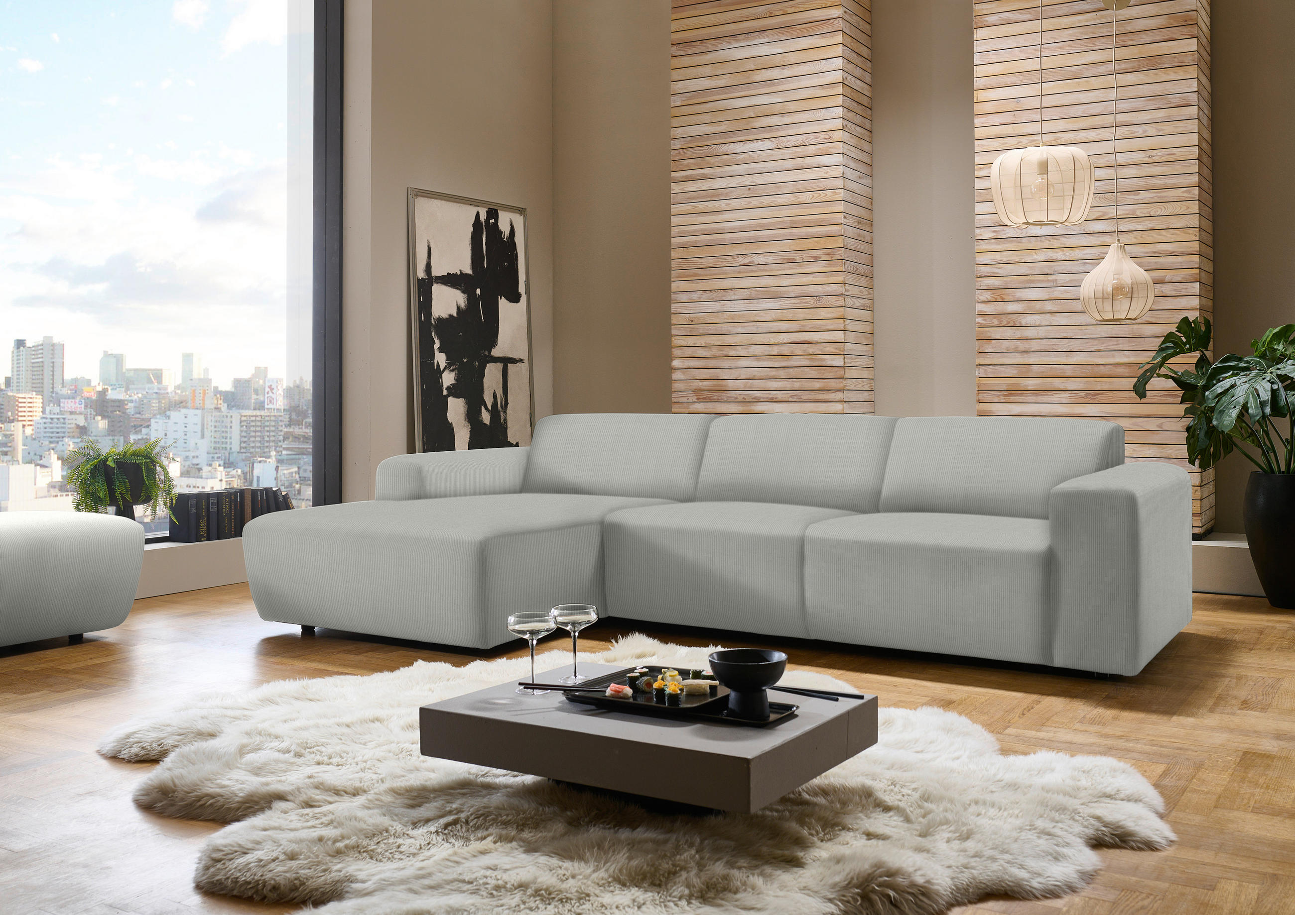 ECKSOFA in Feincord Silberfarben  - Silberfarben/Schwarz, Design, Kunststoff/Textil (174/302cm) - Beldomo Style