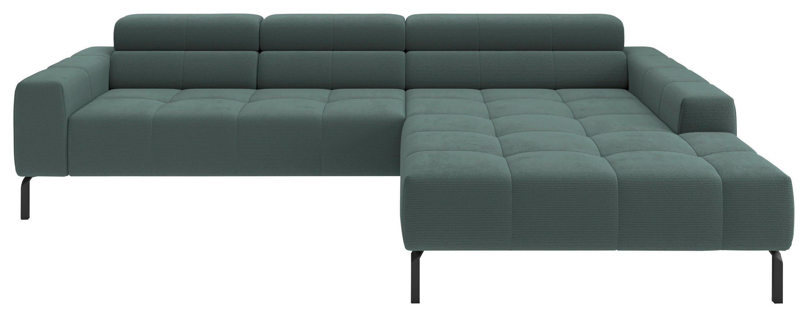 ECKSOFA Grün Feincord Rücken echt, Kopfteilverstellung, Sitztiefenverstellung  - Schwarz/Grün, KONVENTIONELL, Textil/Metall (293/226cm) - Hom`in