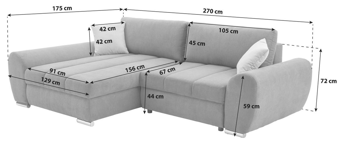 ECKSOFA Dunkelgrau Flachgewebe Zierkissen, Rückenkissen, Bettkasten, Schlaffunktion, Rücken echt  - Chromfarben/Dunkelgrau, KONVENTIONELL, Textil/Metall (175/270cm) - Carryhome