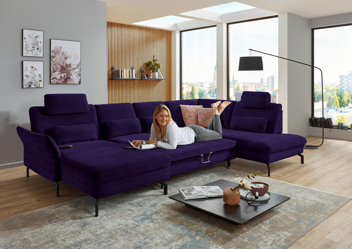 WOHNLANDSCHAFT in Velours Lila, Violett  - Lila/Violett, Design, Textil/Metall (179/335/220cm) - Beldomo System
