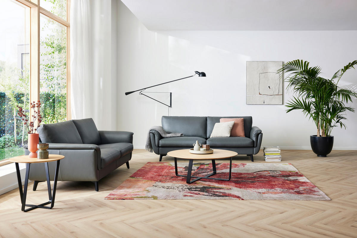 2,5-SITZER Classics Graphitfarben Echtleder  - Schwarz/Graphitfarben, MODERN, Leder/Holz (208/81/95cm) - Erpo