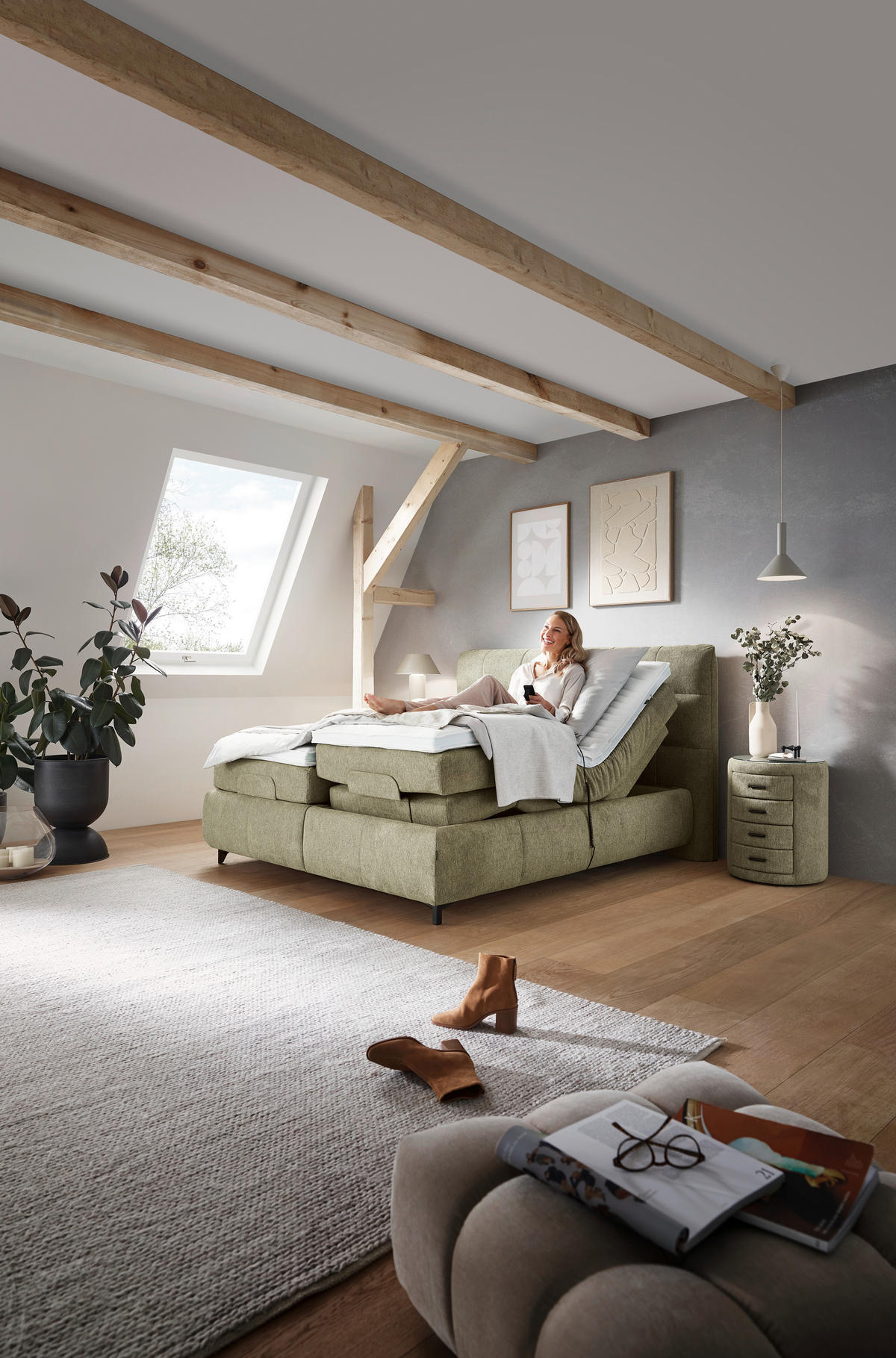 BOXSPRINGBETT 180/200 cm  in Olivgrün  - Schwarz/Olivgrün, KONVENTIONELL, Textil/Metall (180/200cm) - Dieter Knoll