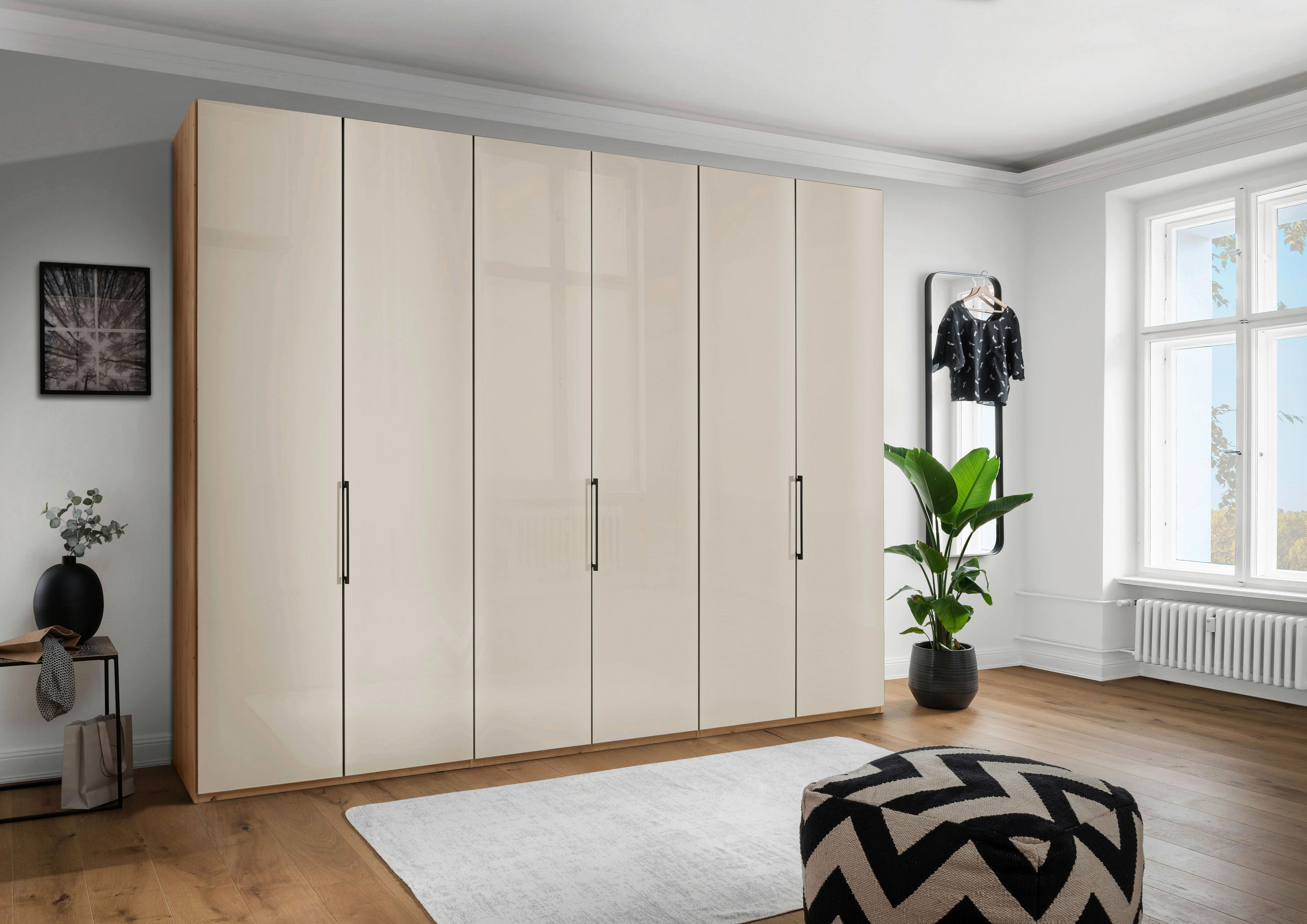 DREHTÜRENSCHRANK 300/236/58 cm 6-türig Champagner, Eiche Bianco  - Schieferfarben/Eiche Bianco, KONVENTIONELL, Glas/Holzwerkstoff (300/236/58cm) - Dieter Knoll