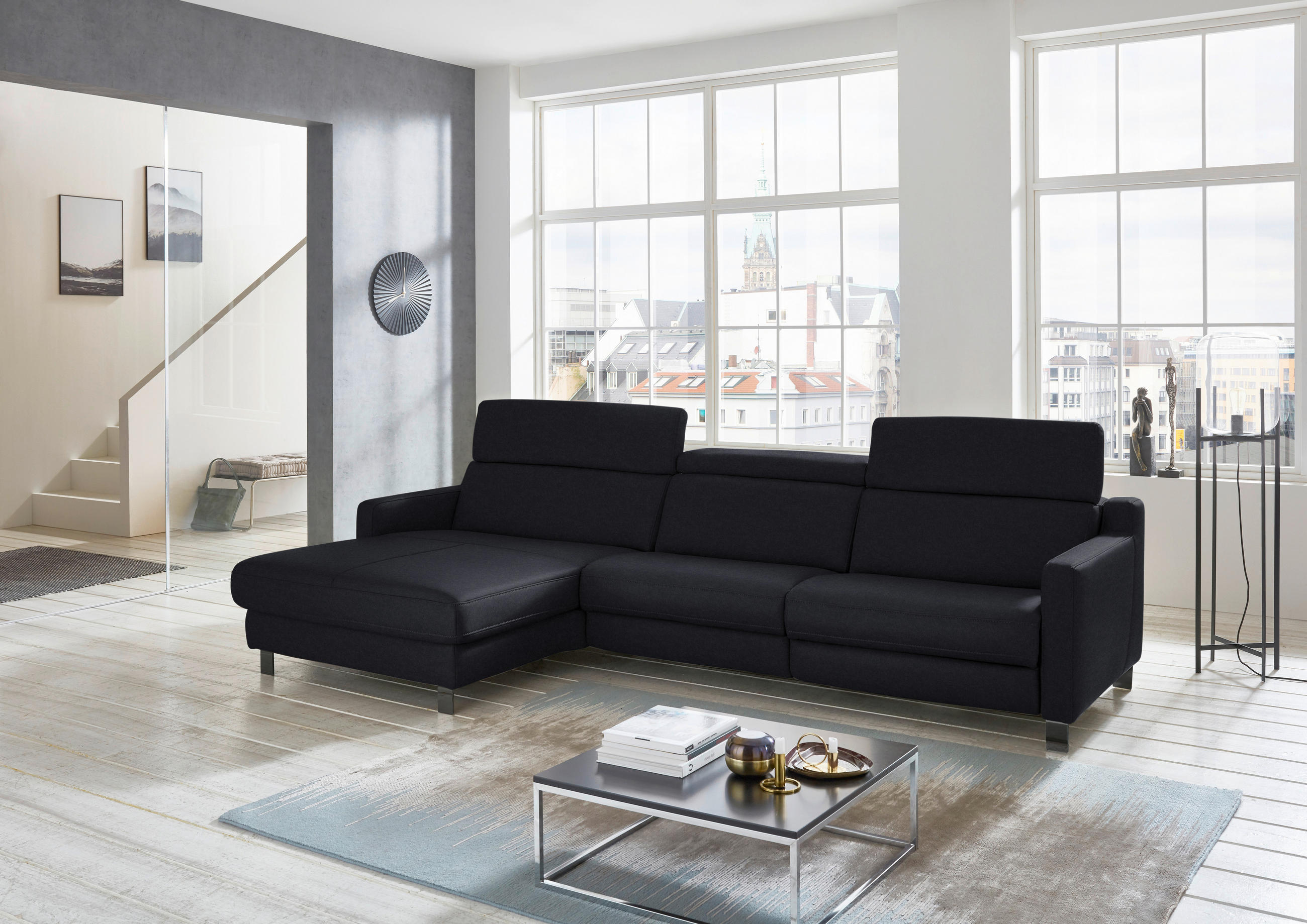 ECKSOFA in Echtleder Schwarz  - Schwarz, Design, Leder/Metall (176/291cm) - Valdera