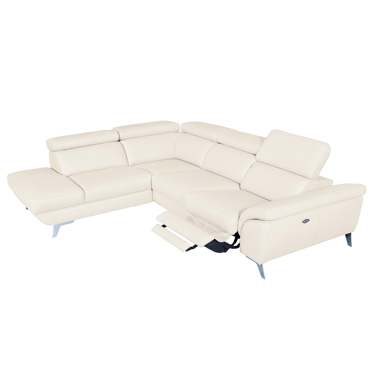 ECKSOFA Creme Echtleder Rücken echt, Armteilverstellung, Relaxfunktion, Kopfteilverstellung  - Silberfarben/Creme, Design, Leder/Metall (228/283cm) - Livetastic