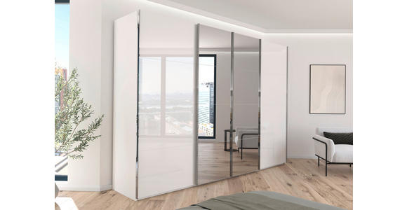 SCHWEBETÜRENSCHRANK  in Weiß  - Chromfarben/Weiß, Design, Glas/Holzwerkstoff (316/223/68cm) - Novel