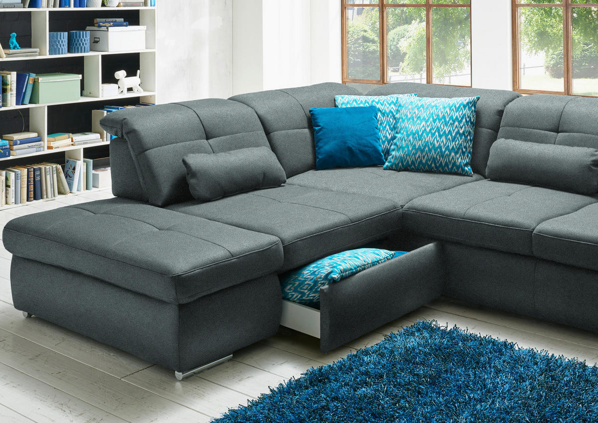 WOHNLANDSCHAFT  in Mikrofaser Blaugrau  - Chromfarben/Blaugrau, Design, Holzwerkstoff/Textil (260/371/195cm) - Beldomo Style