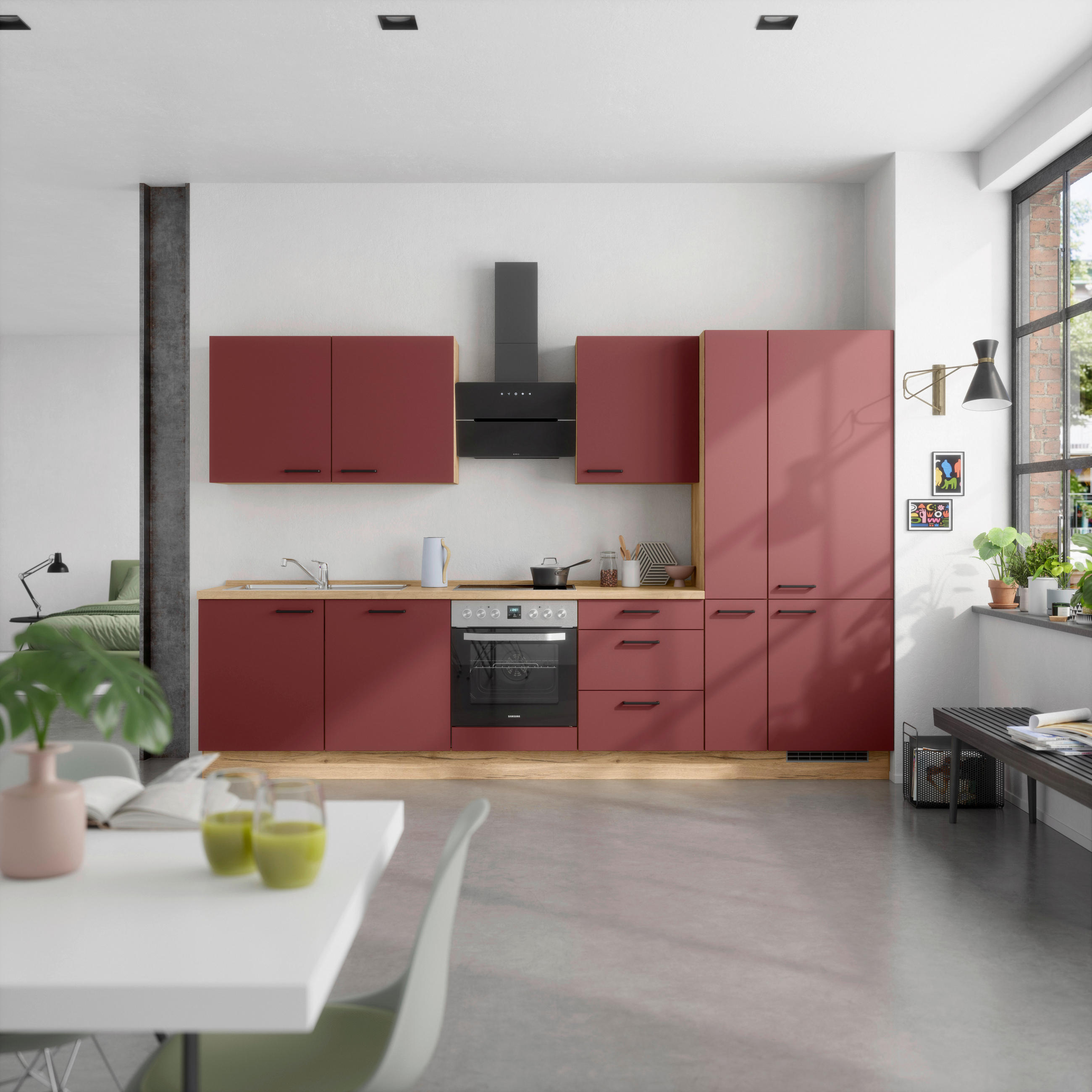 KÜCHENLEERBLOCK 330 cm   in Rot, Eichefarben  - Eichefarben/Rot, MODERN, Holzwerkstoff/Metall (330cm) - Nobilia