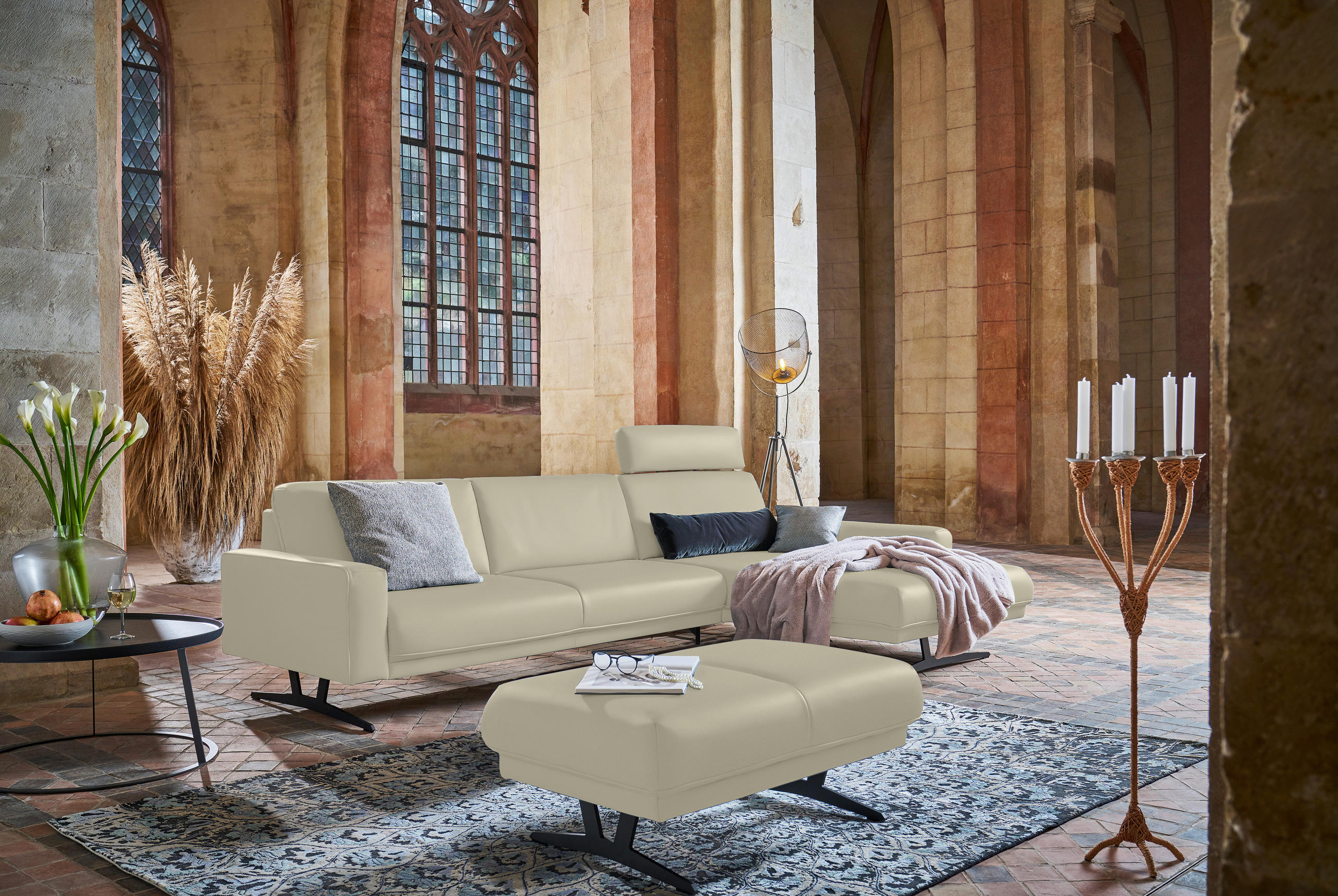 ECKSOFA in Echtleder Ecru  - Ecru/Anthrazit, Konventionell, Leder/Metall (324/179cm) - Johann Jakob