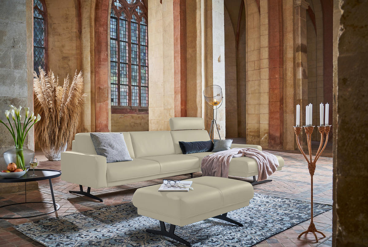 ECKSOFA in Echtleder Ecru  - Ecru/Anthrazit, Konventionell, Leder/Metall (324/179cm) - Johann Jakob