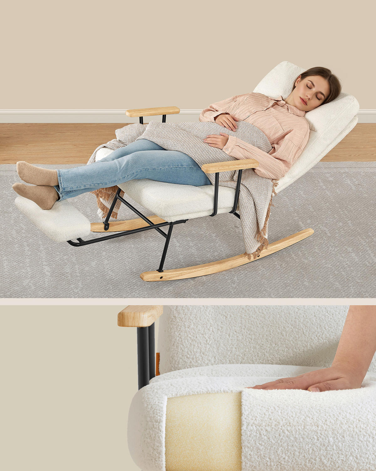 SCHAUKELSTUHL in Velours Creme  - Eichefarben/Creme, Basics, Holzwerkstoff/Textil (67/100/97cm)