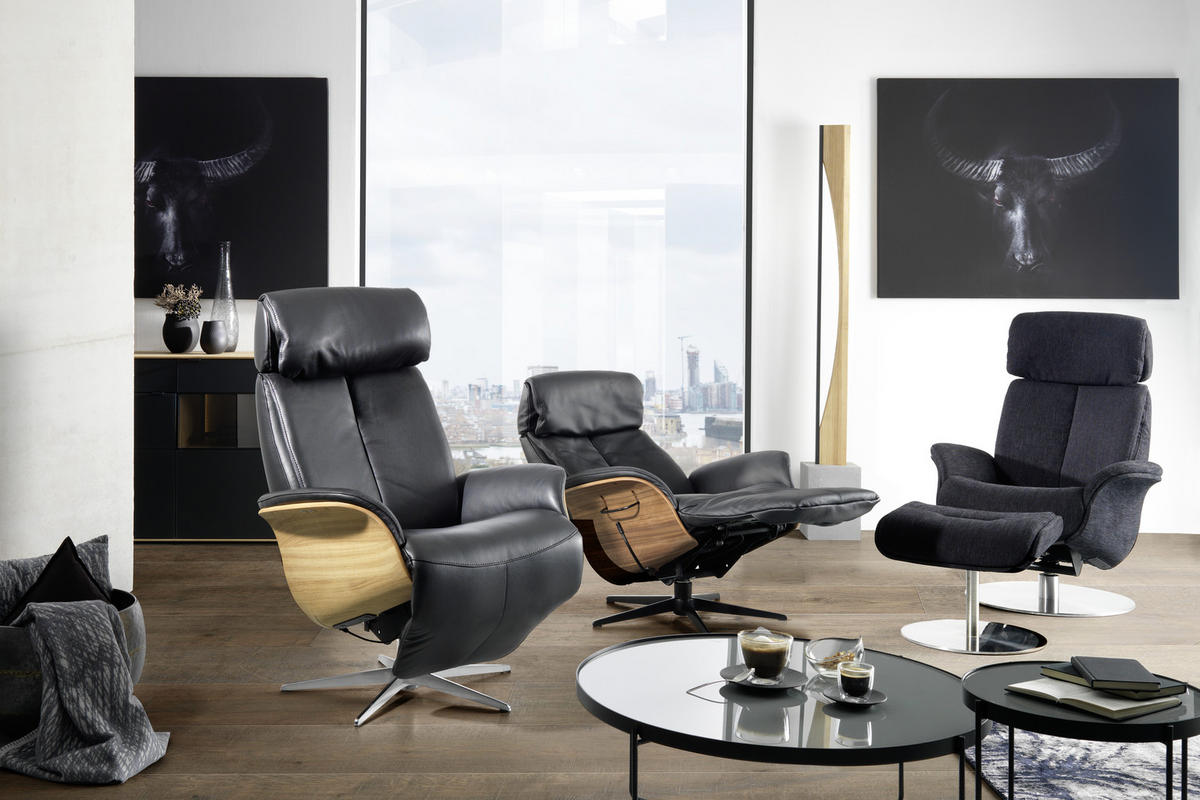 RELAXAČNÍ KŘESLO, kůže, černá - barvy dubu/barvy stříbra, Design, kov/dřevo (82/110-119/87cm) - Welnova