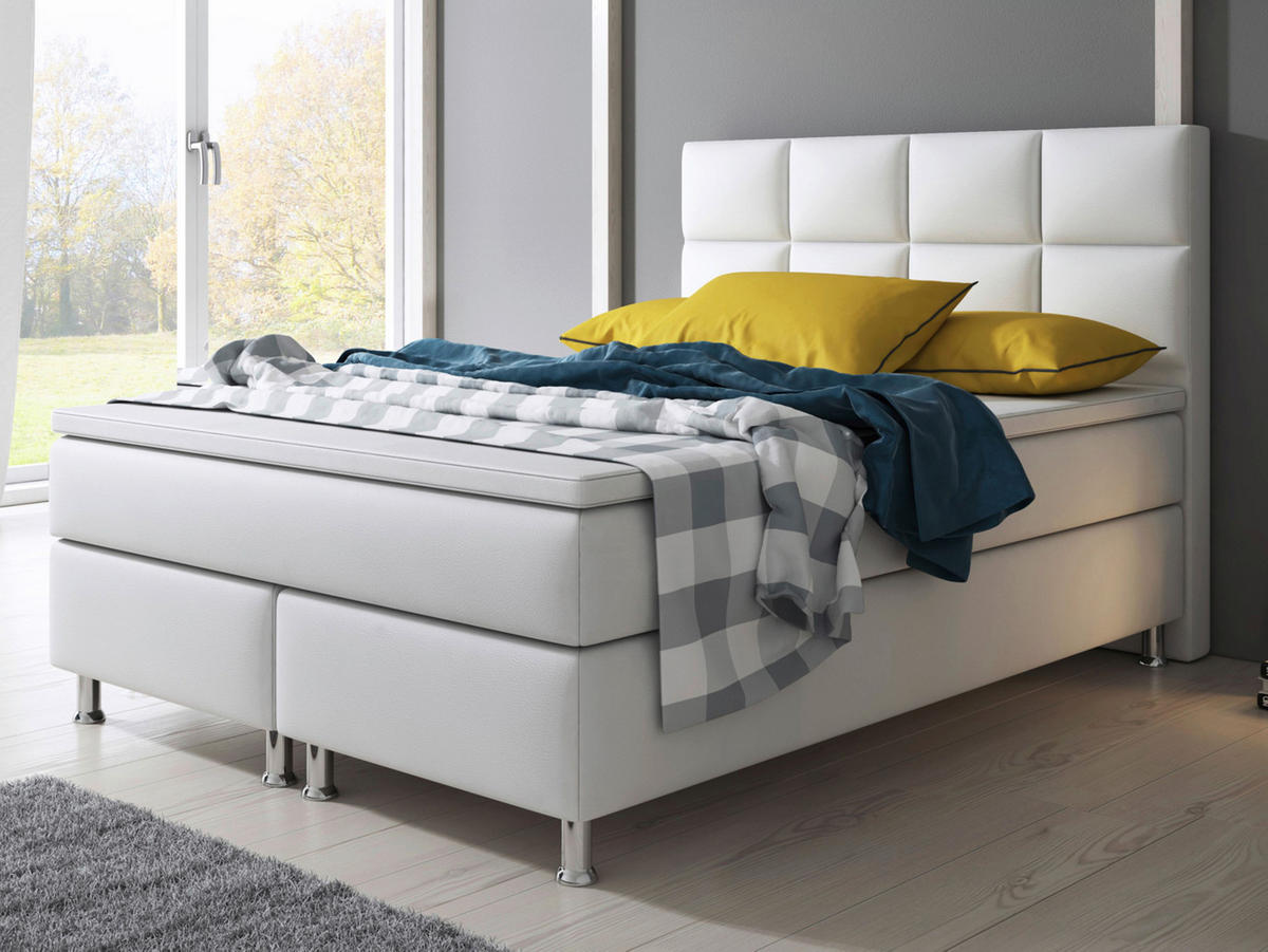 BOXSPRINGBETT  in Weiß, Matratze, gepolstertes Kopfteil, Topper, Matratzen, H3 + H3 = fest  - Silberfarben/Weiß, KONVENTIONELL, Leder/Textil (140/115/210cm) - MID.YOU