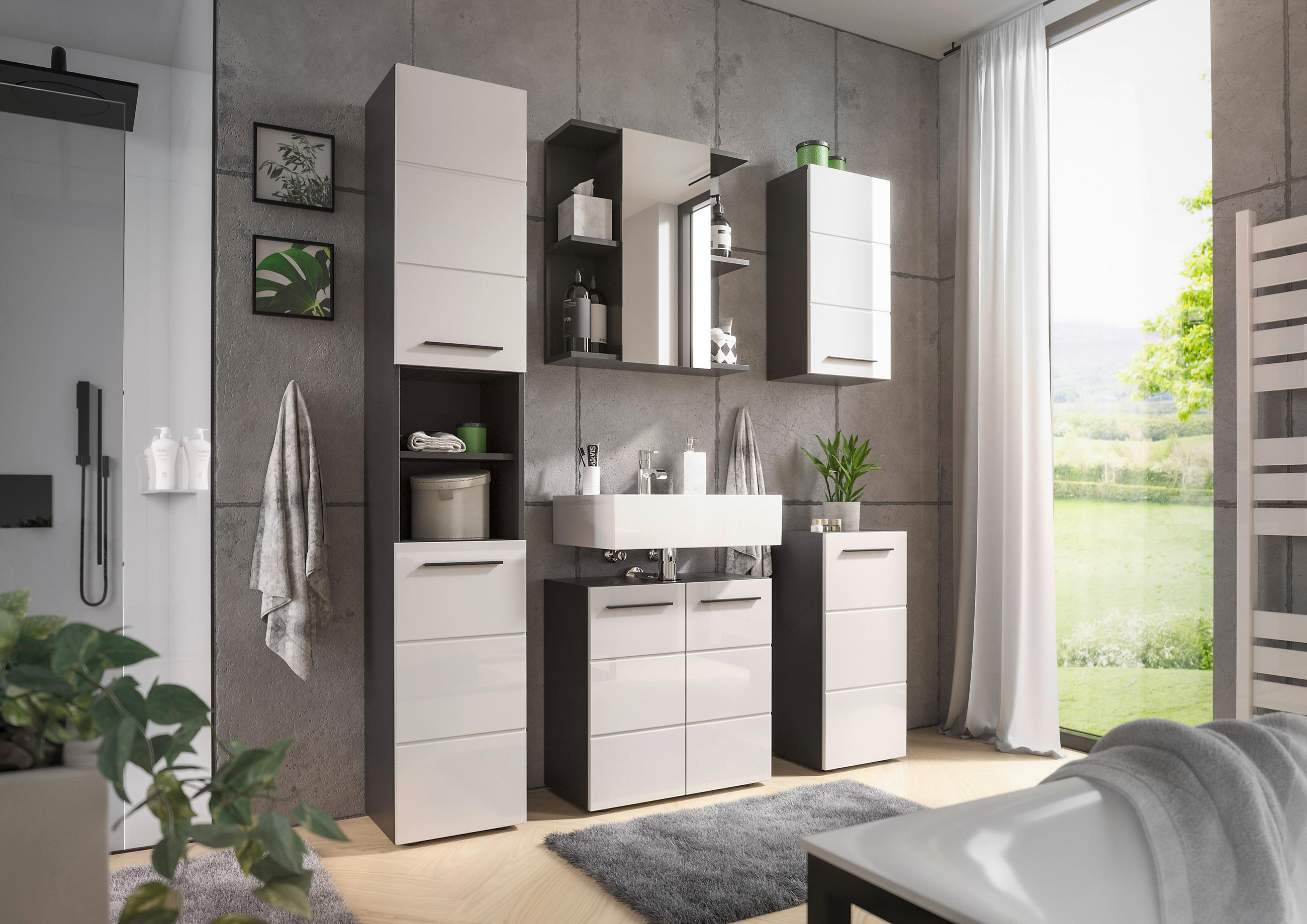 HOCHSCHRANK 34/190/31 cm  - Weiß Hochglanz/Anthrazit, Natur, Holzwerkstoff/Kunststoff (34/190/31cm) - Xora