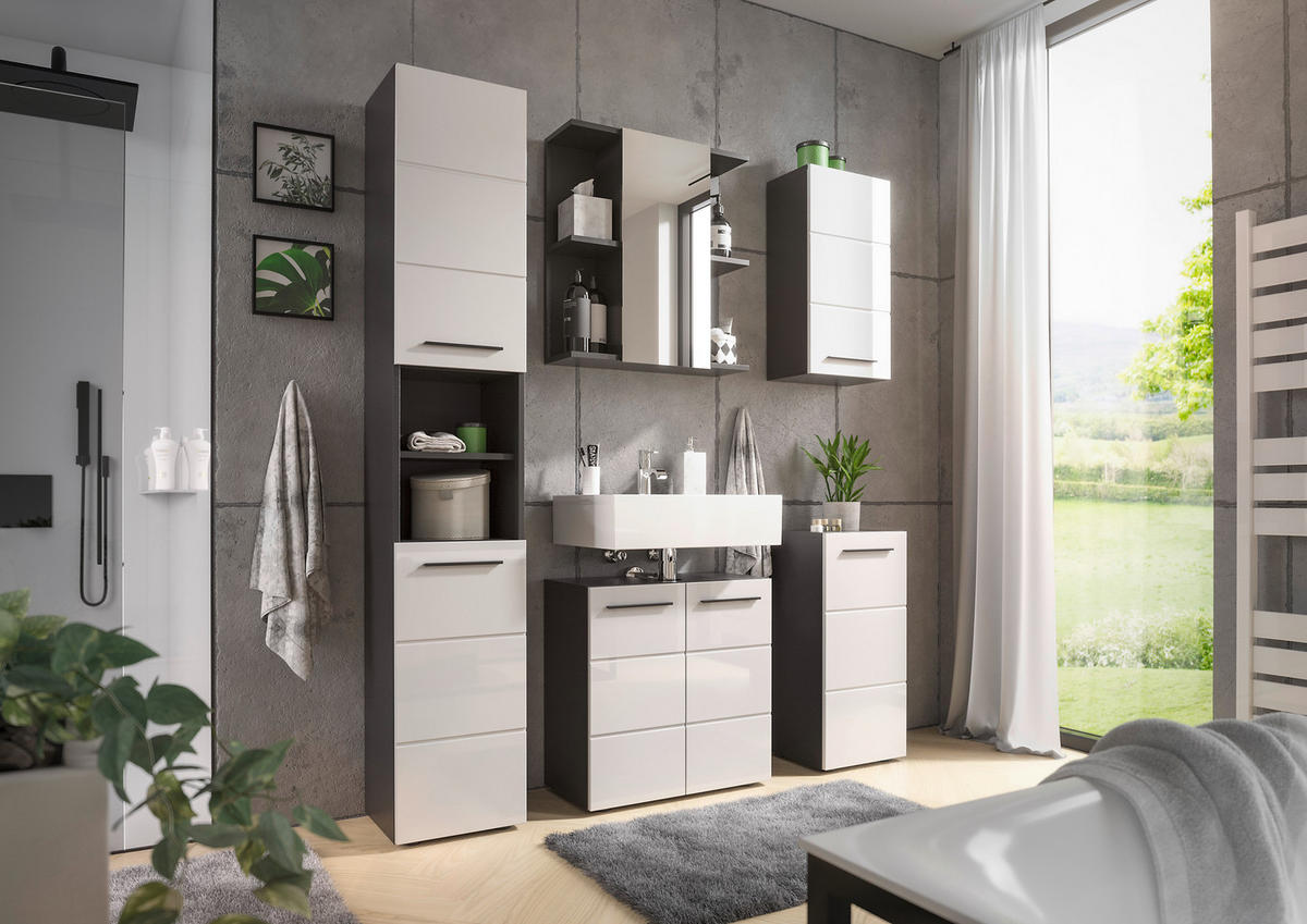 SKŘÍŇKA POD UMYVADLO, vysoce lesklá bílá, antracitová, 60/62/31 cm - barvy stříbra/černá, Natur, kompozitní dřevo/plast (60/62/31cm) - Xora
