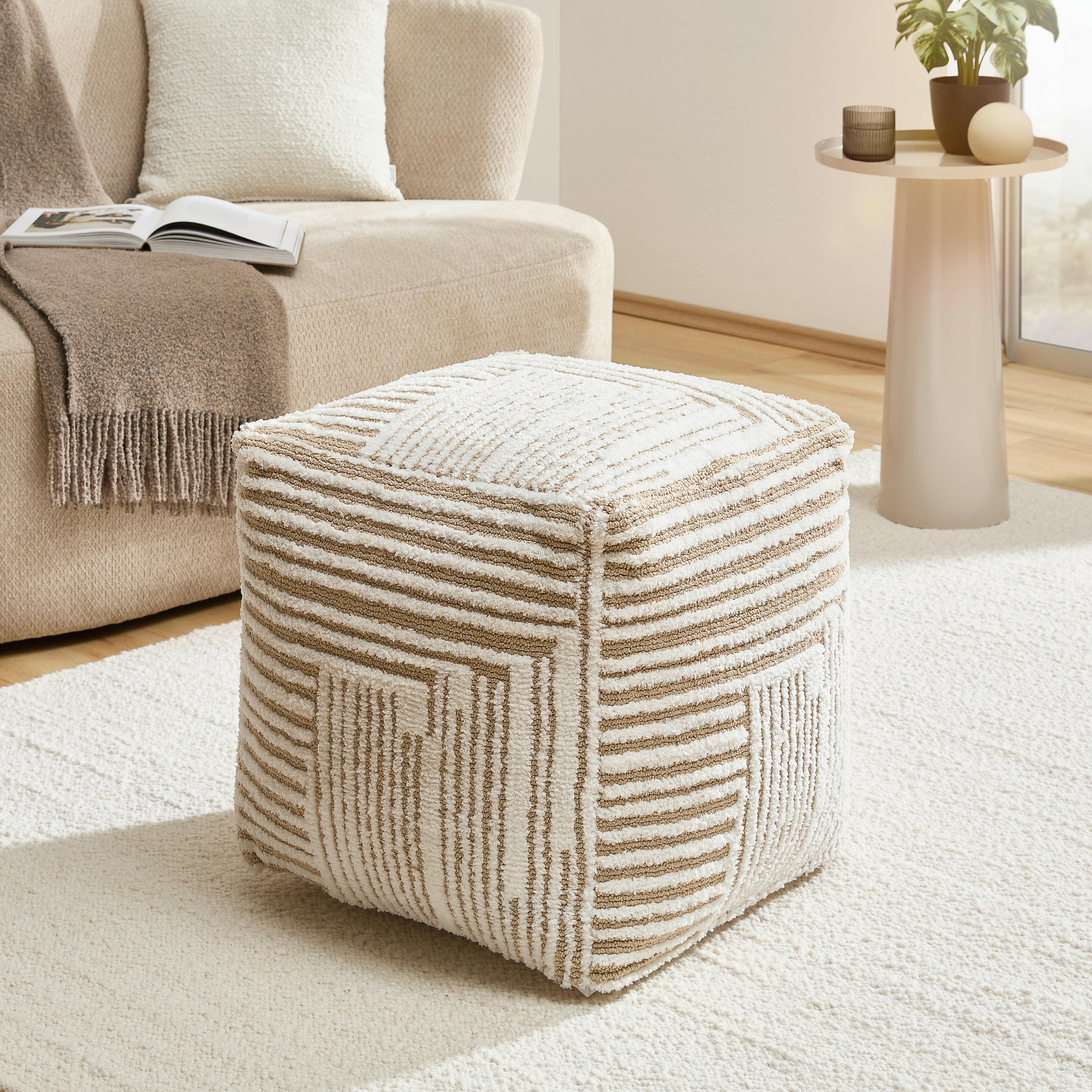 POUF Mikrofaser geometrisch Beige 45/45/45 cm  - Beige/Weiß, Trend, Textil (45/45/45cm) - Novel