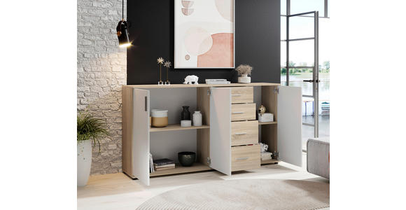 KOMMODE 160/84/35 cm in Weiß, Sonoma Eiche - Silberfarben/Schwarz, KONVENTIONELL, Holzwerkstoff/Kunststoff (160/84/35cm) - Carryhome