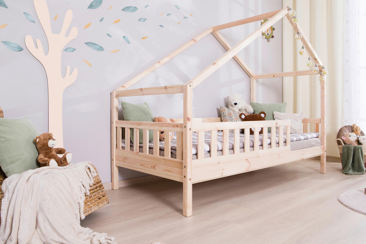 HAUSBETT 100/200 cm,  in Naturfarben, Absturzsicherung, Matratze, Rollrost, Bettkasten  - Naturfarben, MODERN, Holz/Textil (100/200cm) - MID.YOU