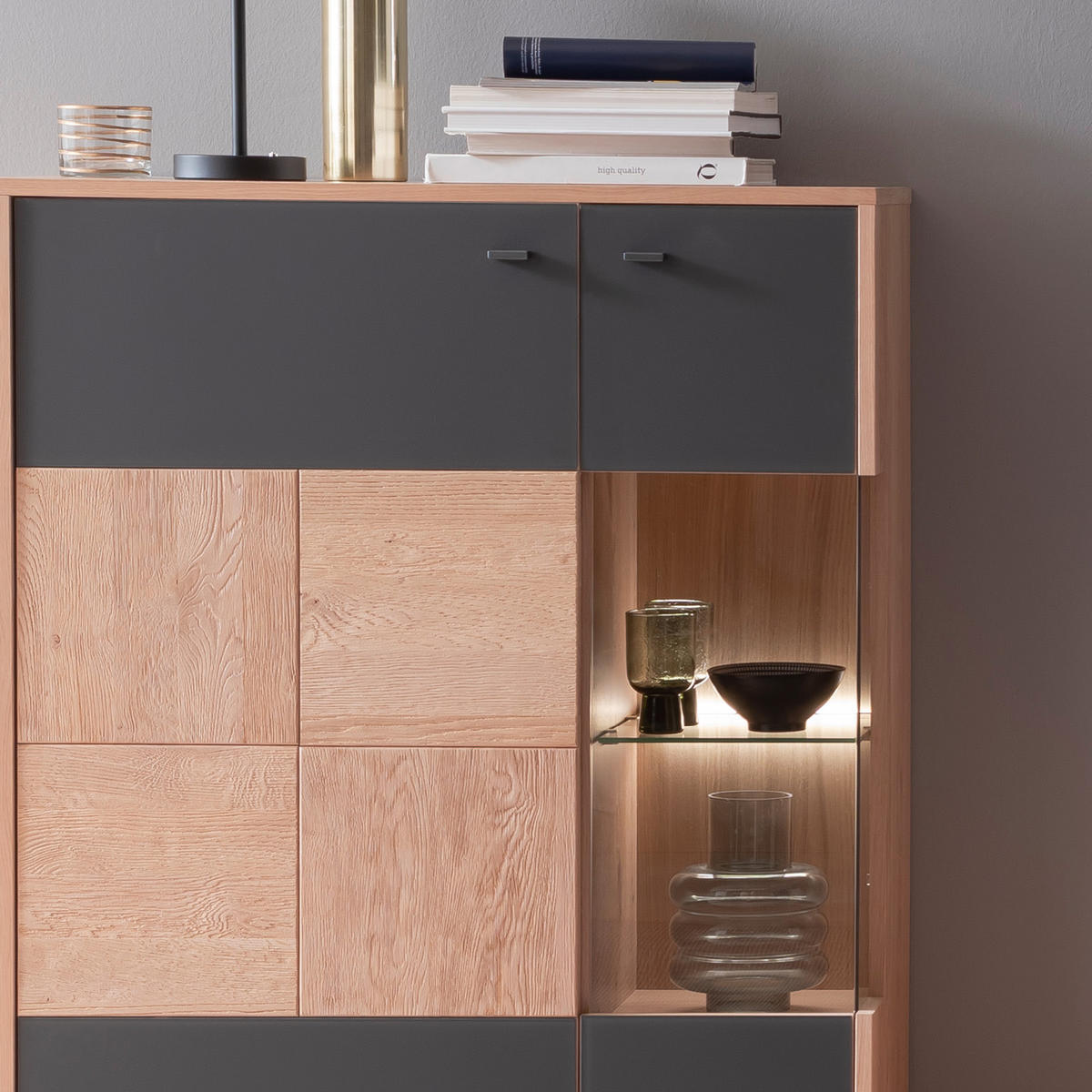 HYLLKOMBINATION  i antracit, ek Bianco  328/193/50 cm  - ek Bianco/svart, Design, metall/trämaterial (328/193/50cm) - MID.YOU