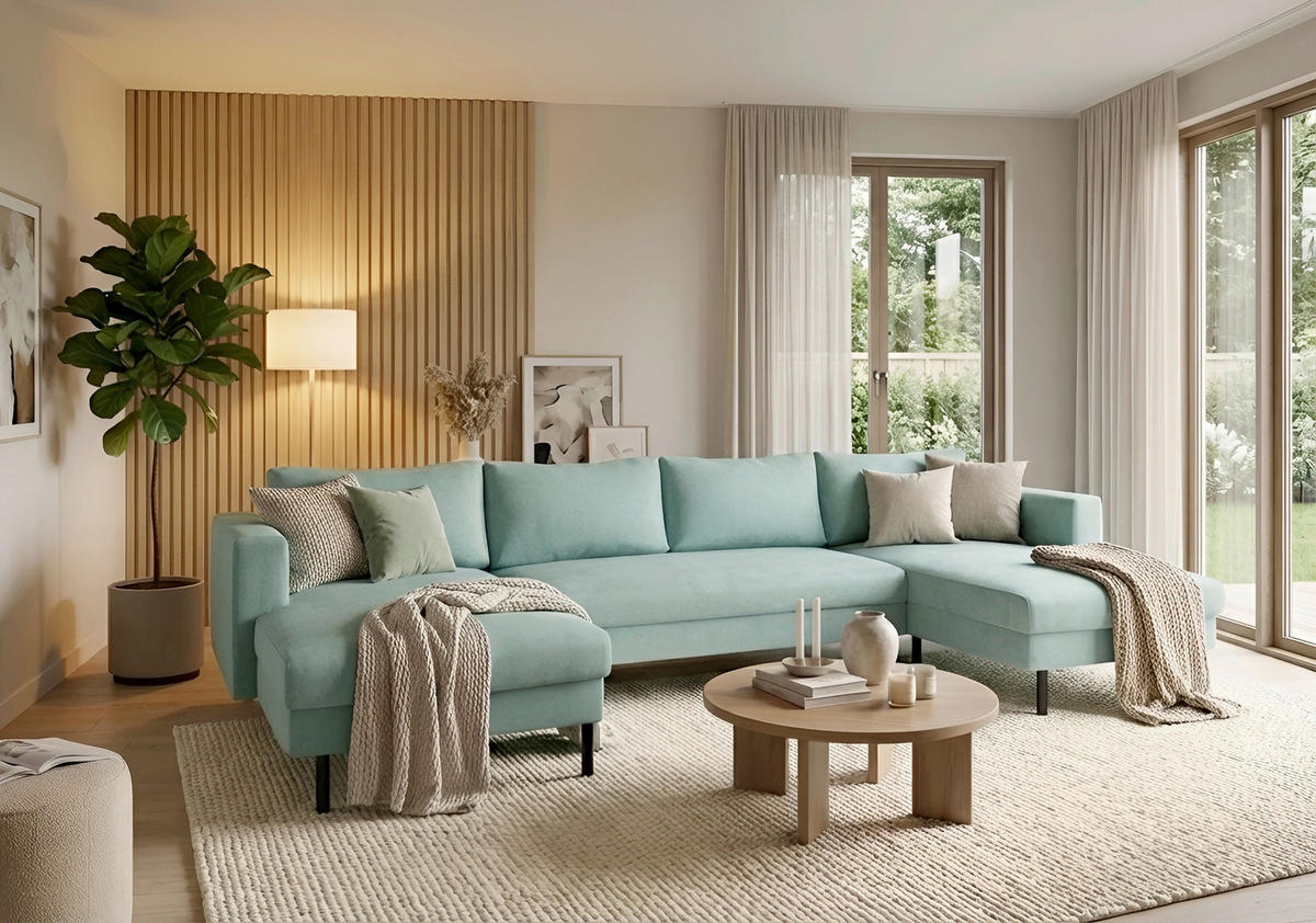 WOHNLANDSCHAFT Mintgrün Struktur  - Schwarz/Mintgrün, MODERN, Textil/Metall (161/306/161cm) - Trendmanufaktur