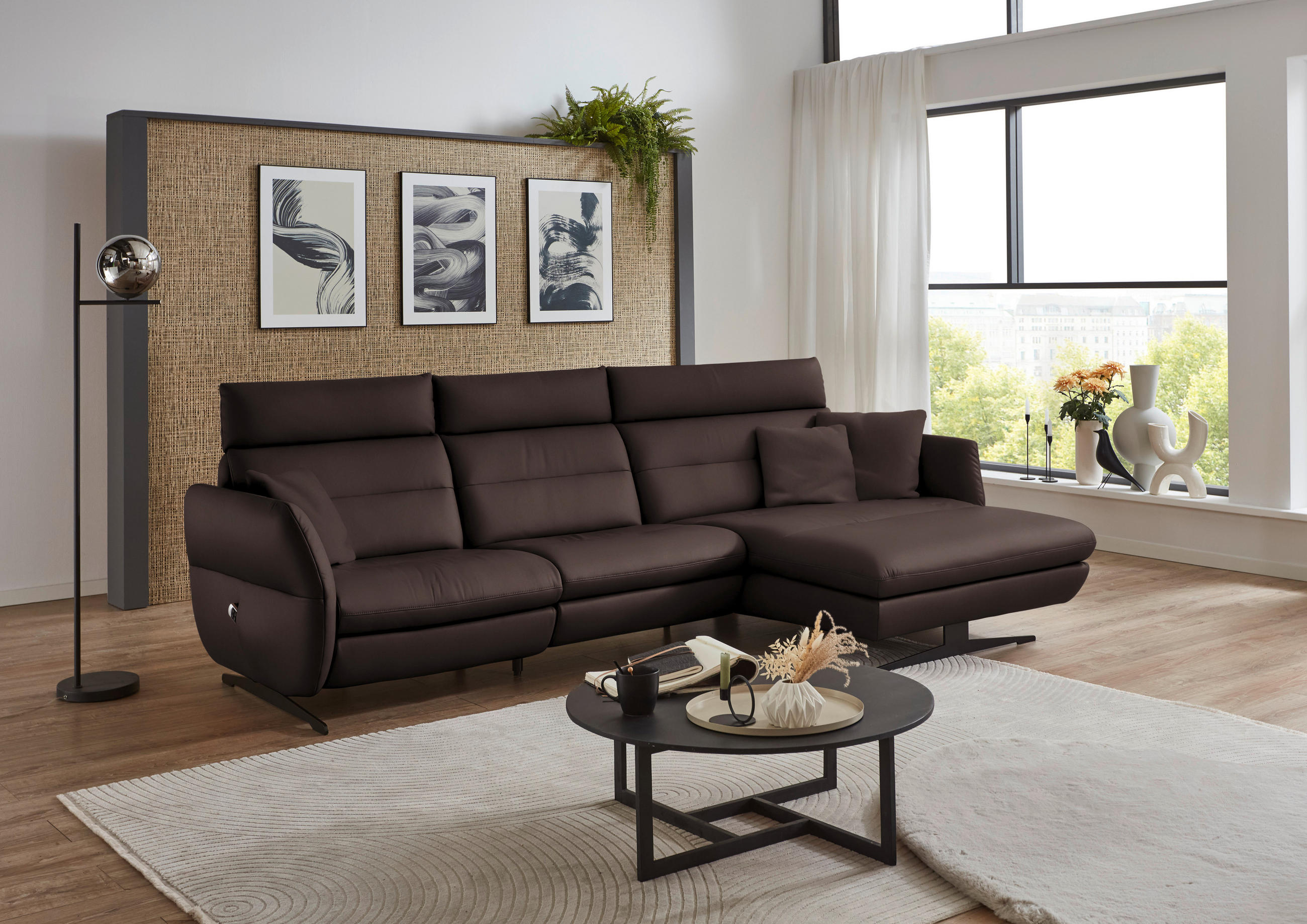ECKSOFA in Echtleder Dunkelbraun  300/157 cm  - Dunkelbraun/Schwarz, Design, Leder/Metall (300/157cm) - Dieter Knoll
